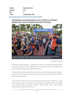 Pengendali makanan di 94.8 peratus premis mematuhi tahap kebersihan ditetapkan
