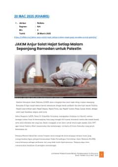 JAKIM ANJUR SOLAT HAJAT SETIAP MALAM SEPANJANG RAMADAN UNTUK PALESTIN