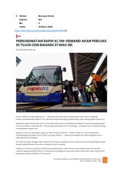 PERKHIDMATAN RAPID KL ON-DEMAND AKAN PERLUAS DI TUJUH ZON BAHARU 27 MAC INI