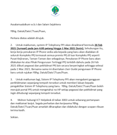 Makluman System IP Telephony PPJ Akan Dinaiktaraf