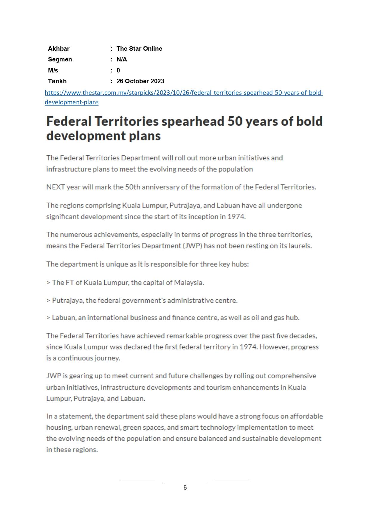 Federal Territories spearhead 50 years of bold development plans