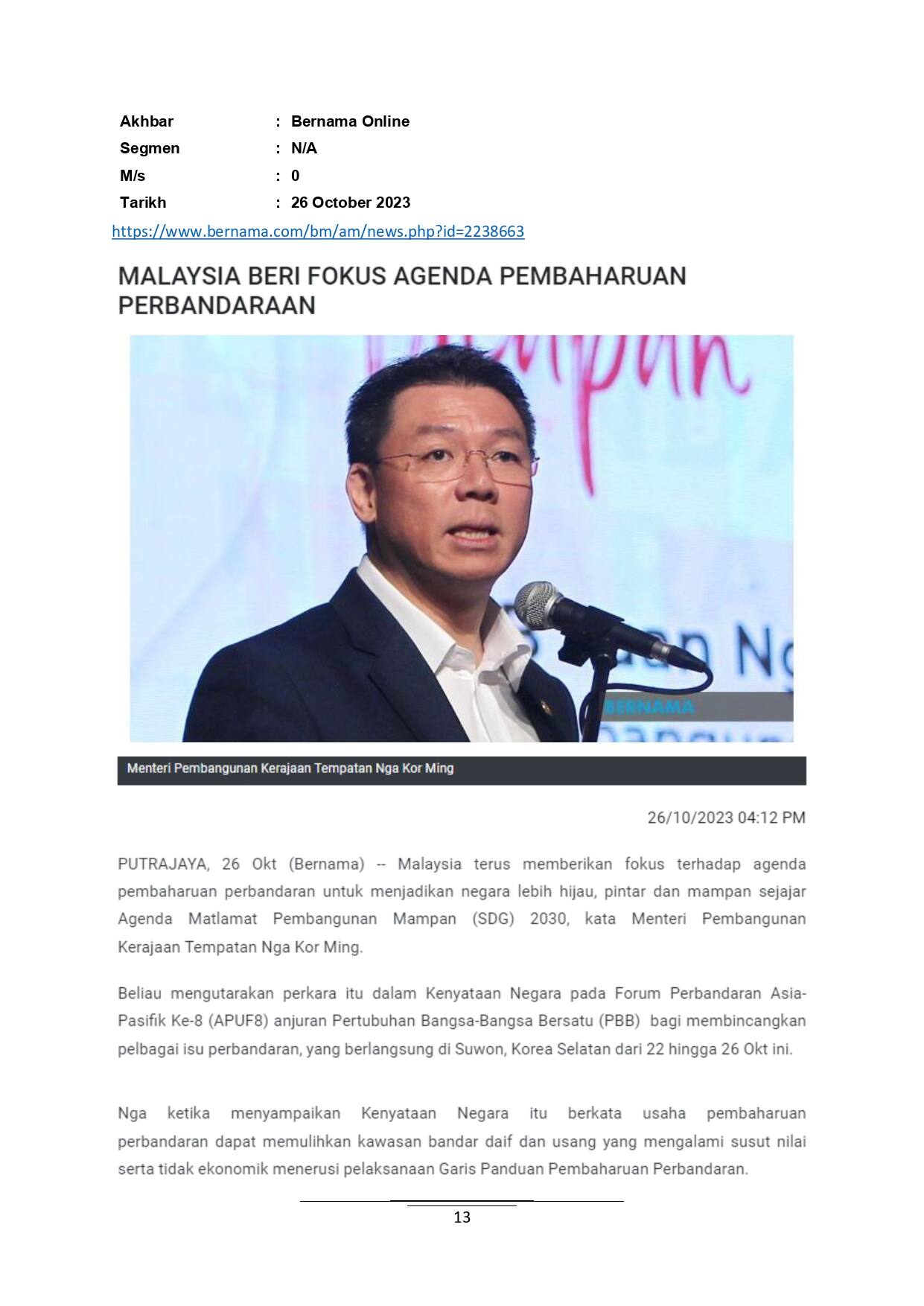 Malaysia beri fokus agenda pembaharuan perbandaran