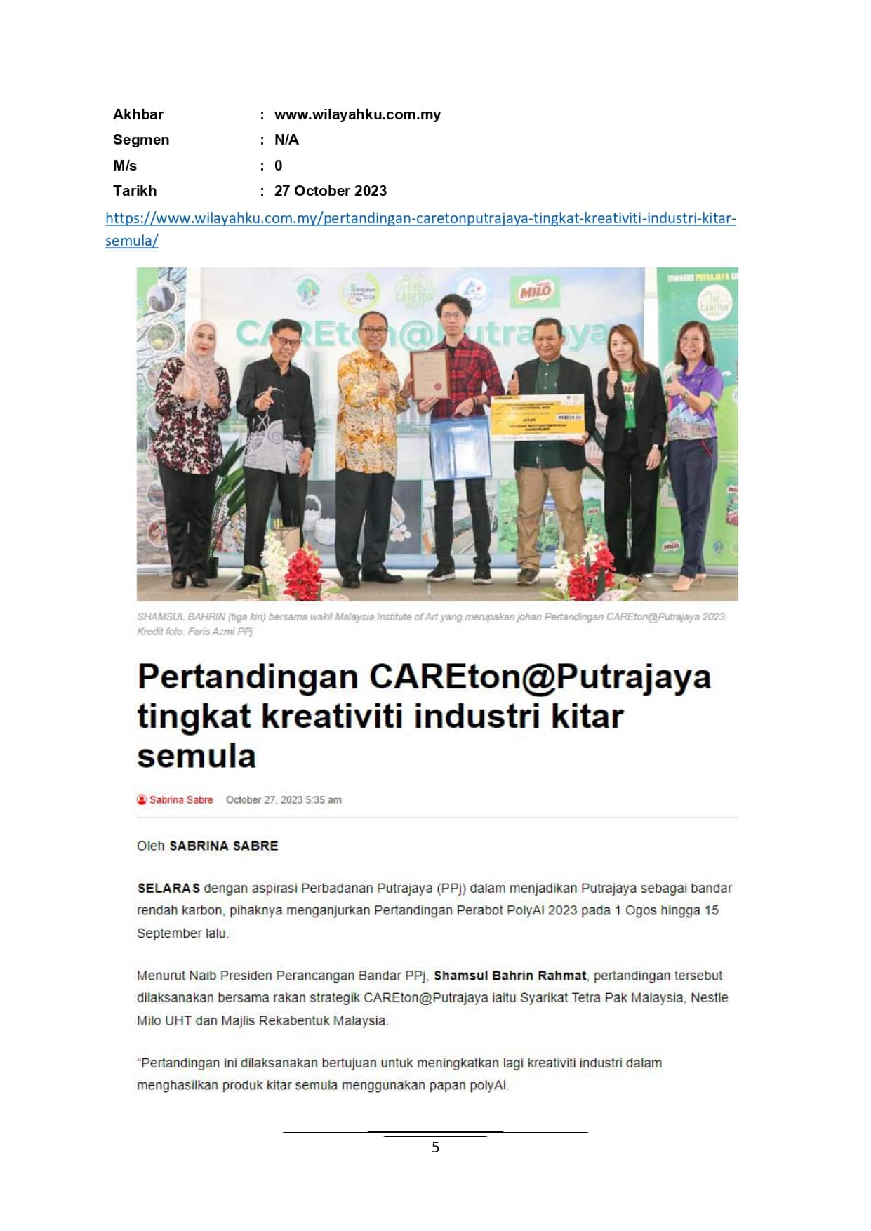 Pertandingan CAREton@Putrajaya tingkat kreativiti industri kitar semula