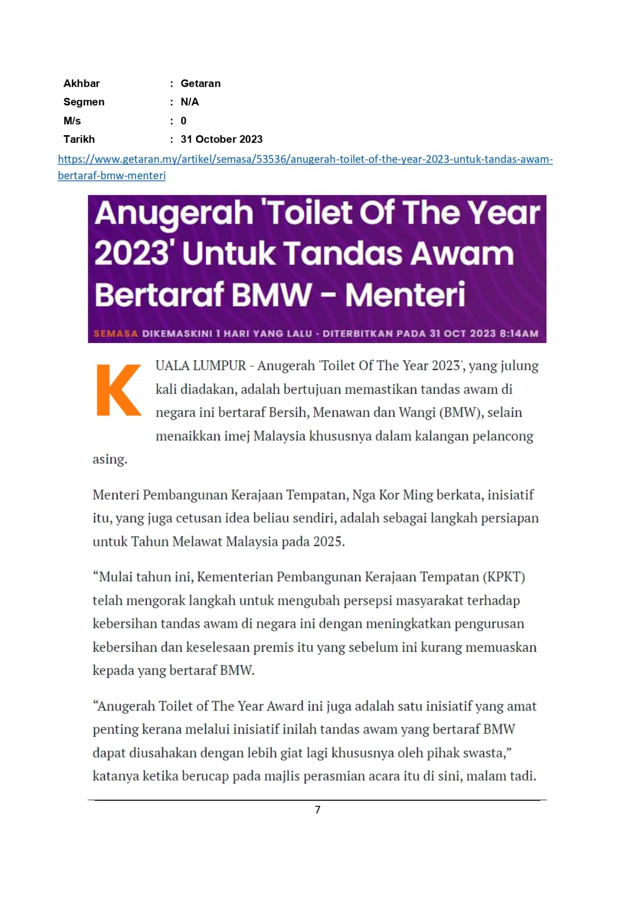 Anugerah ' Toilet of The Year 2023' untuk Tandas Awam Bertaraf BMW - Menter