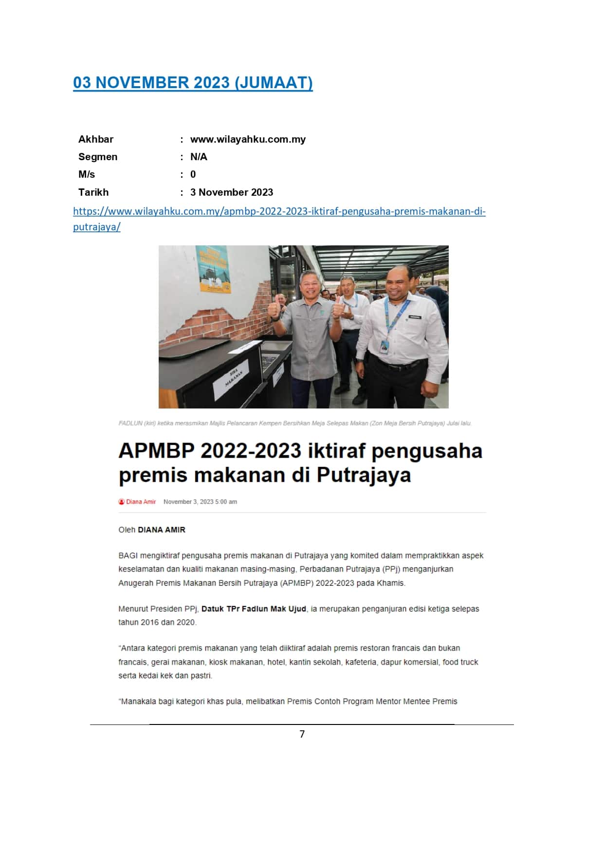 APMBP 2022-2023 iktiraf pengusaha premis makanan di Putrajaya