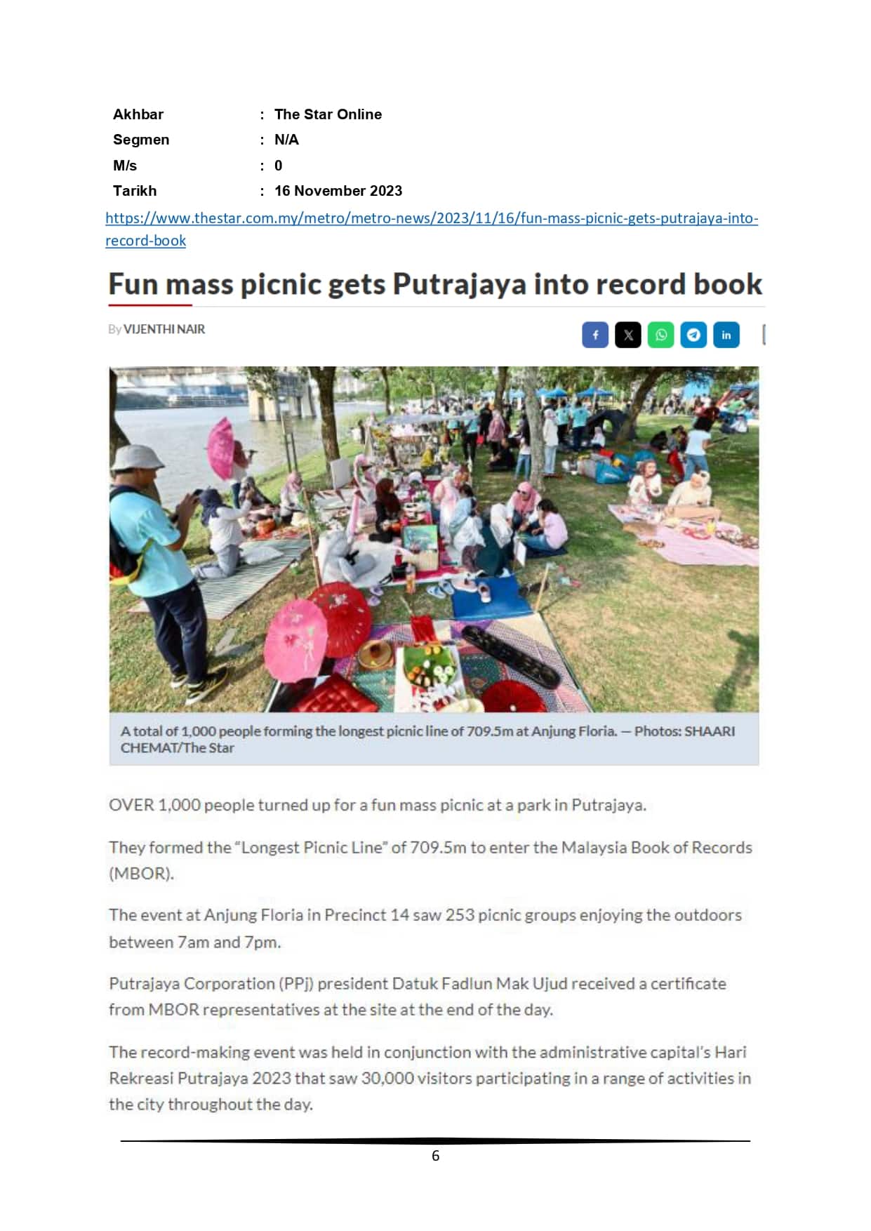 Fun mass picnin gets Putrajaya into record book