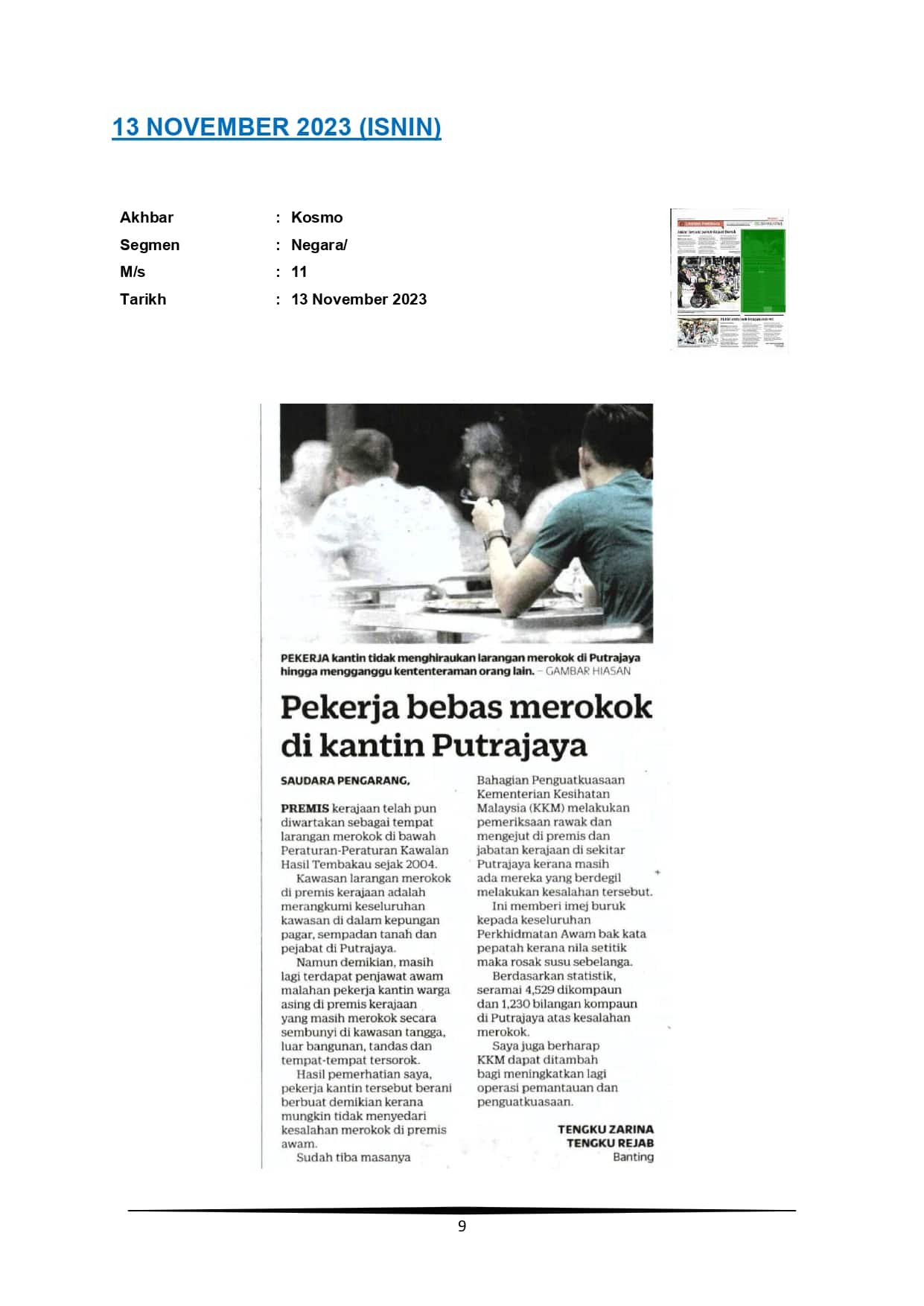 Pekerja bebas merokok di kantin Putrajaya
