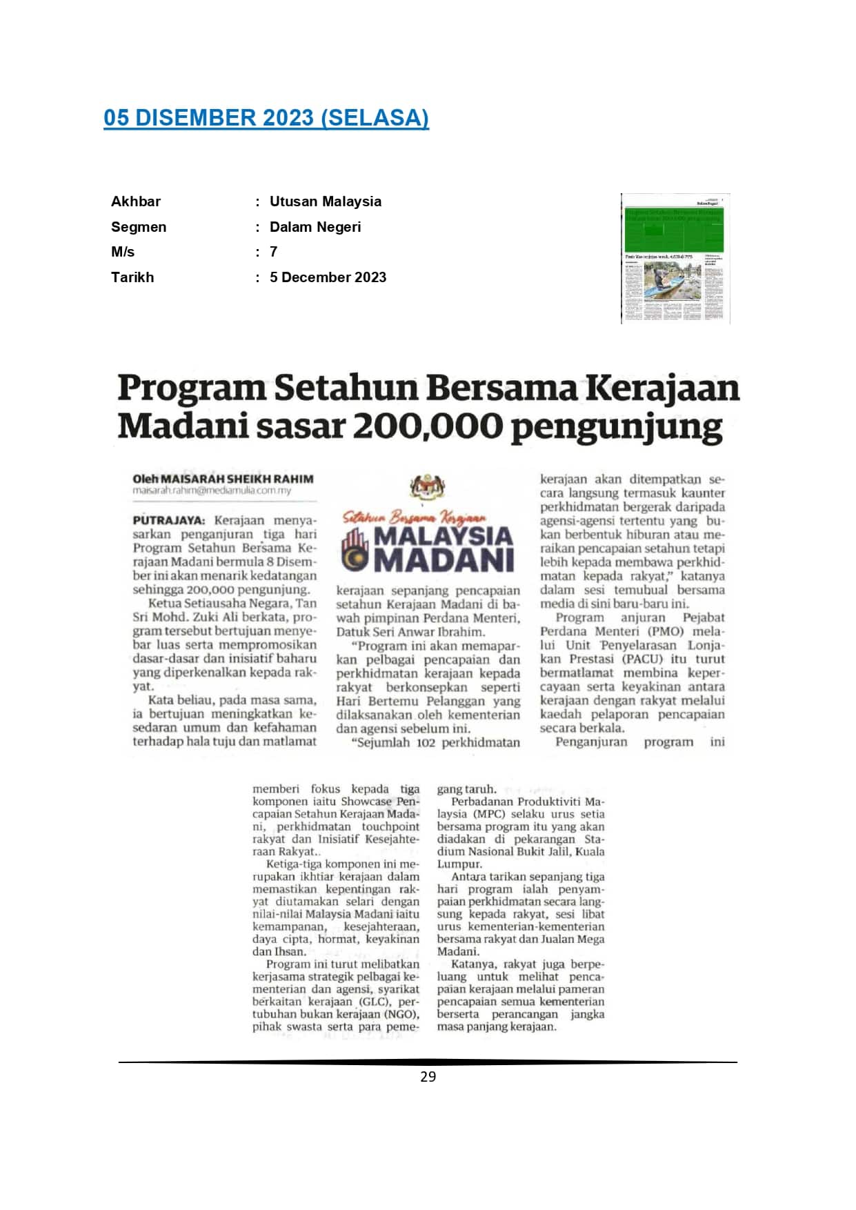 Program Setahun Bersama Kerajaan Madani sasar 200,000 pengunjung