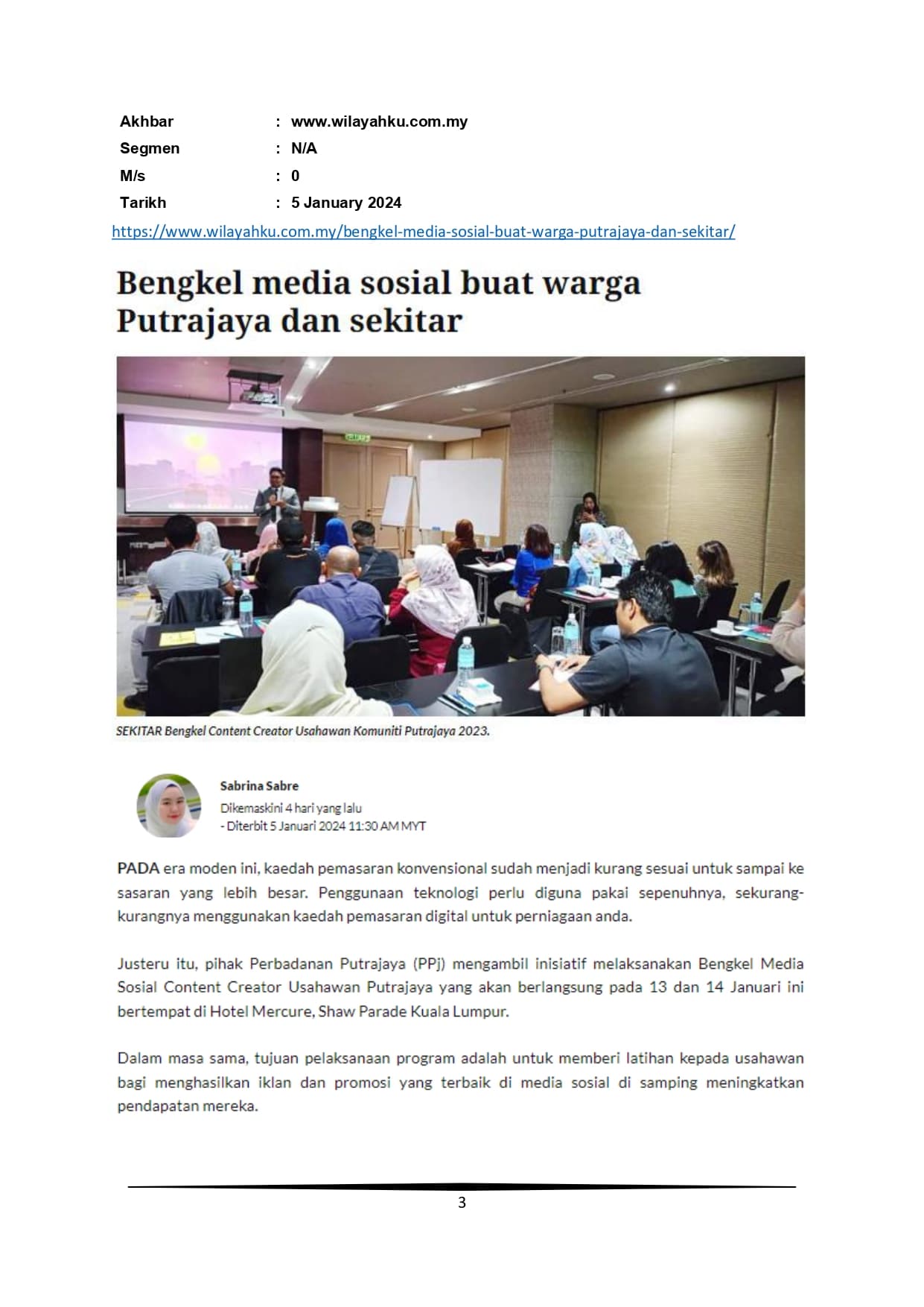 Bengkel media sosial buat warga Putrajaya dan sekitar