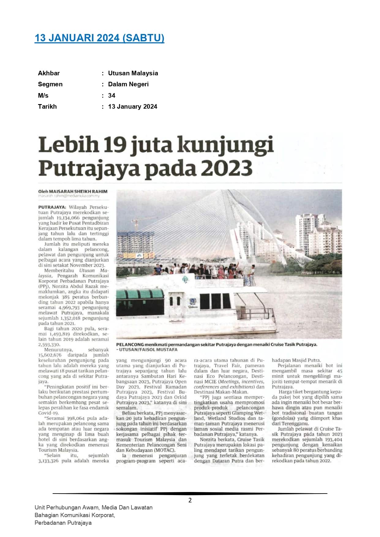 Lebih 19 juta kunjungi Putrajaya pada 2023