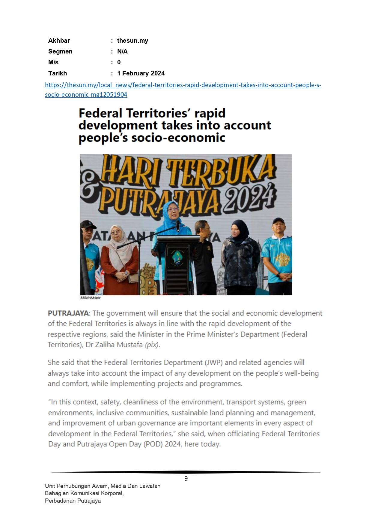 Federal Territories' rapid development takes into account people's socio-economic