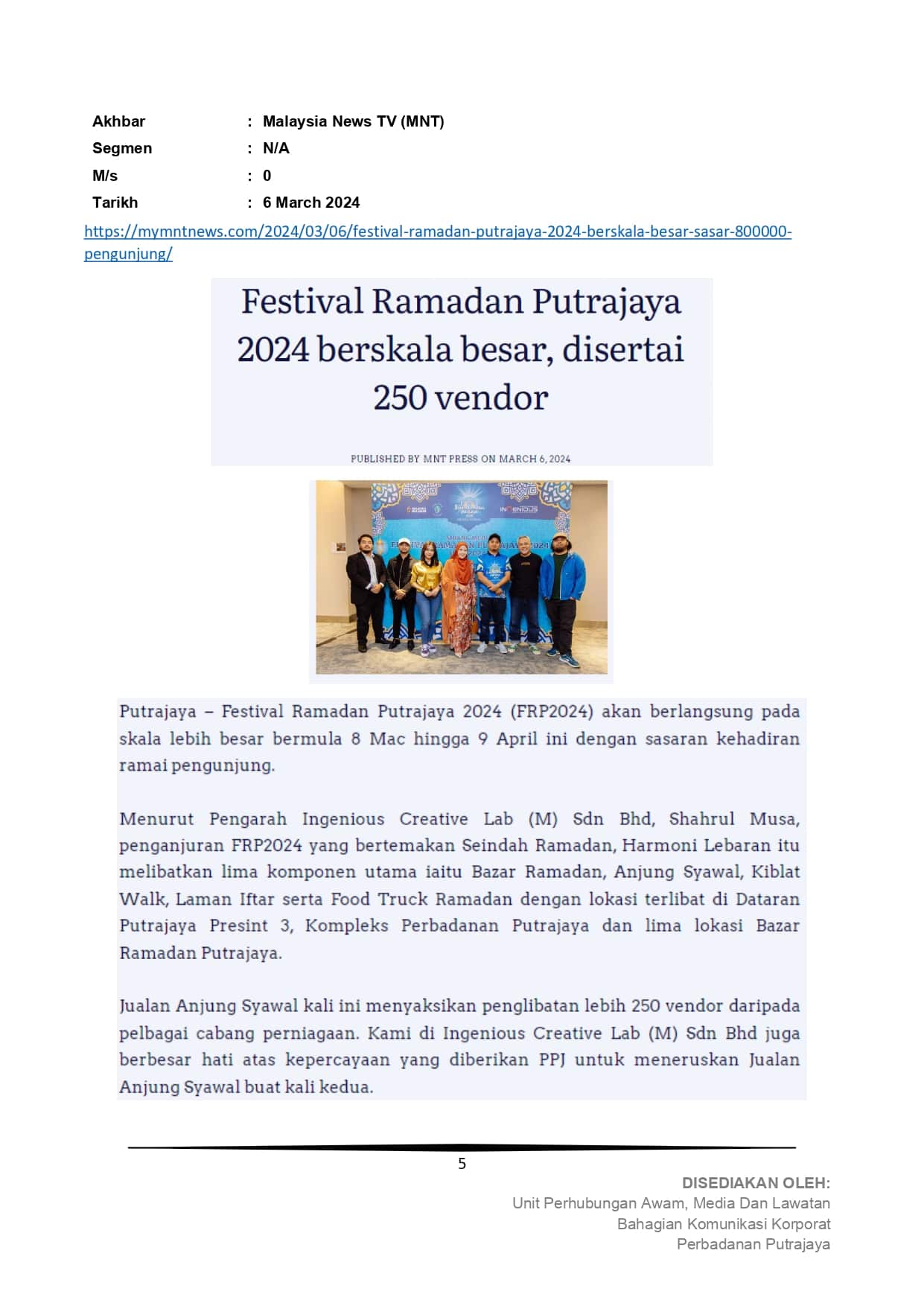 Festival Ramadan Putrajaya 2024 berskala besar, disertai 250 vendor