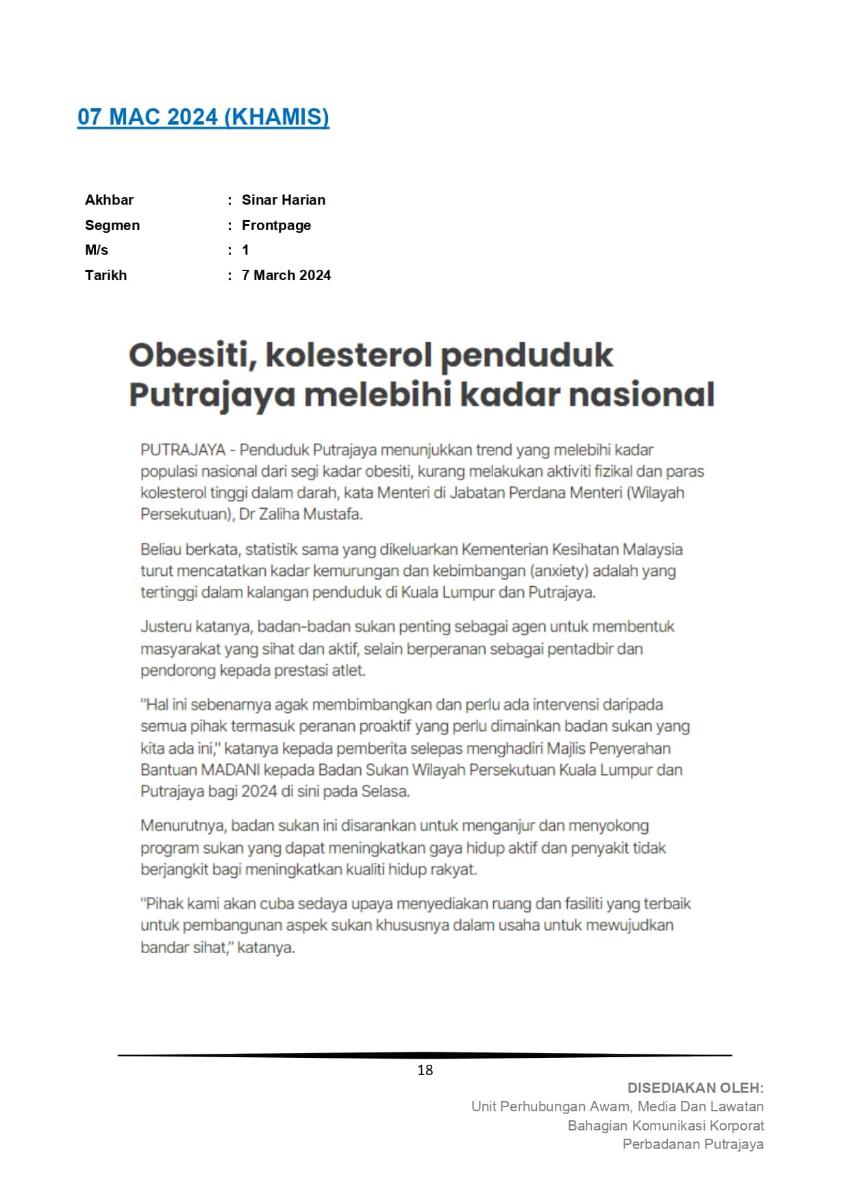 Obesiti, Kolestrol penduduk Putrajaya melebihi kadar nasional