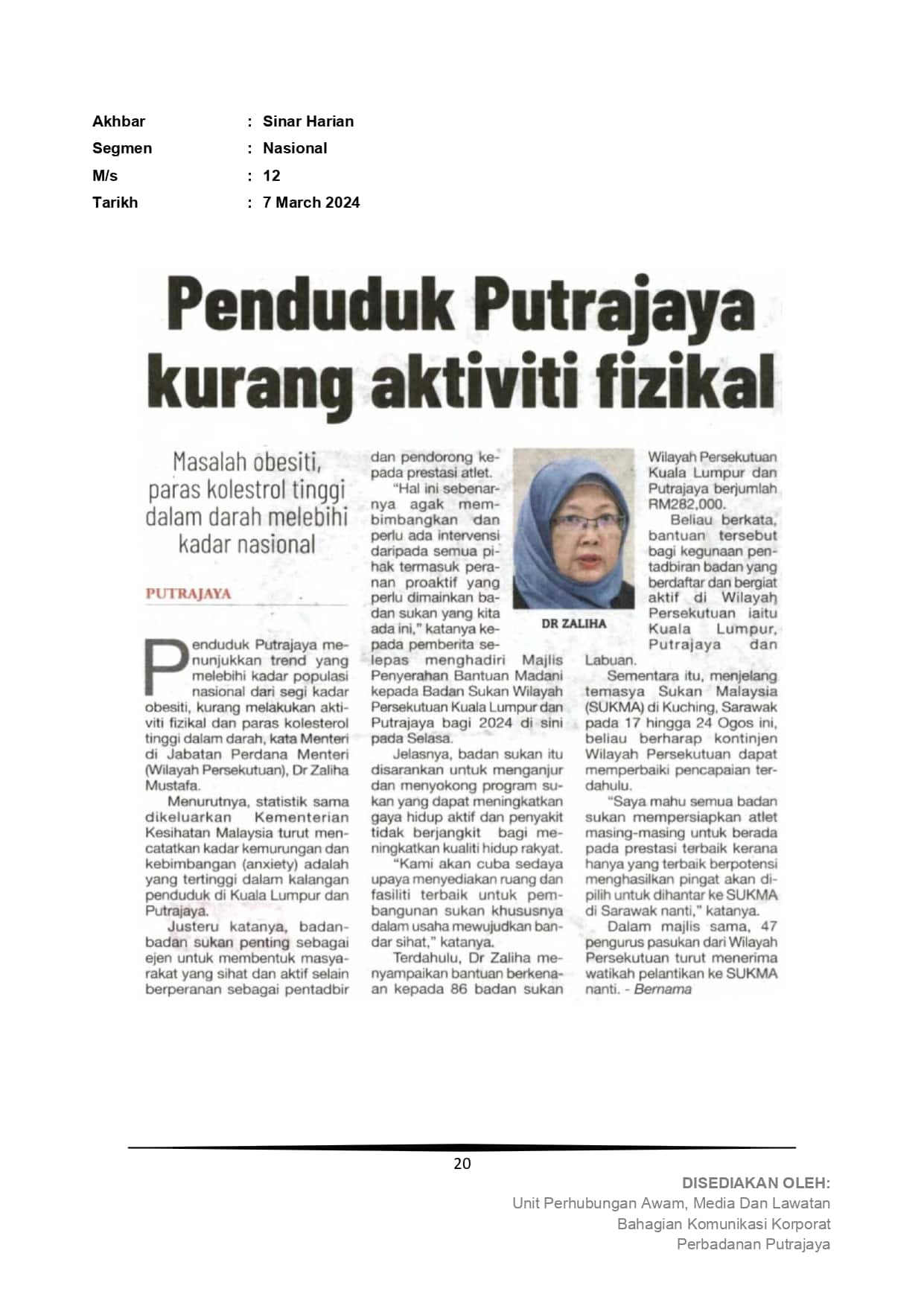 Penduduk Putrajaya kurang aktiviti fizikal