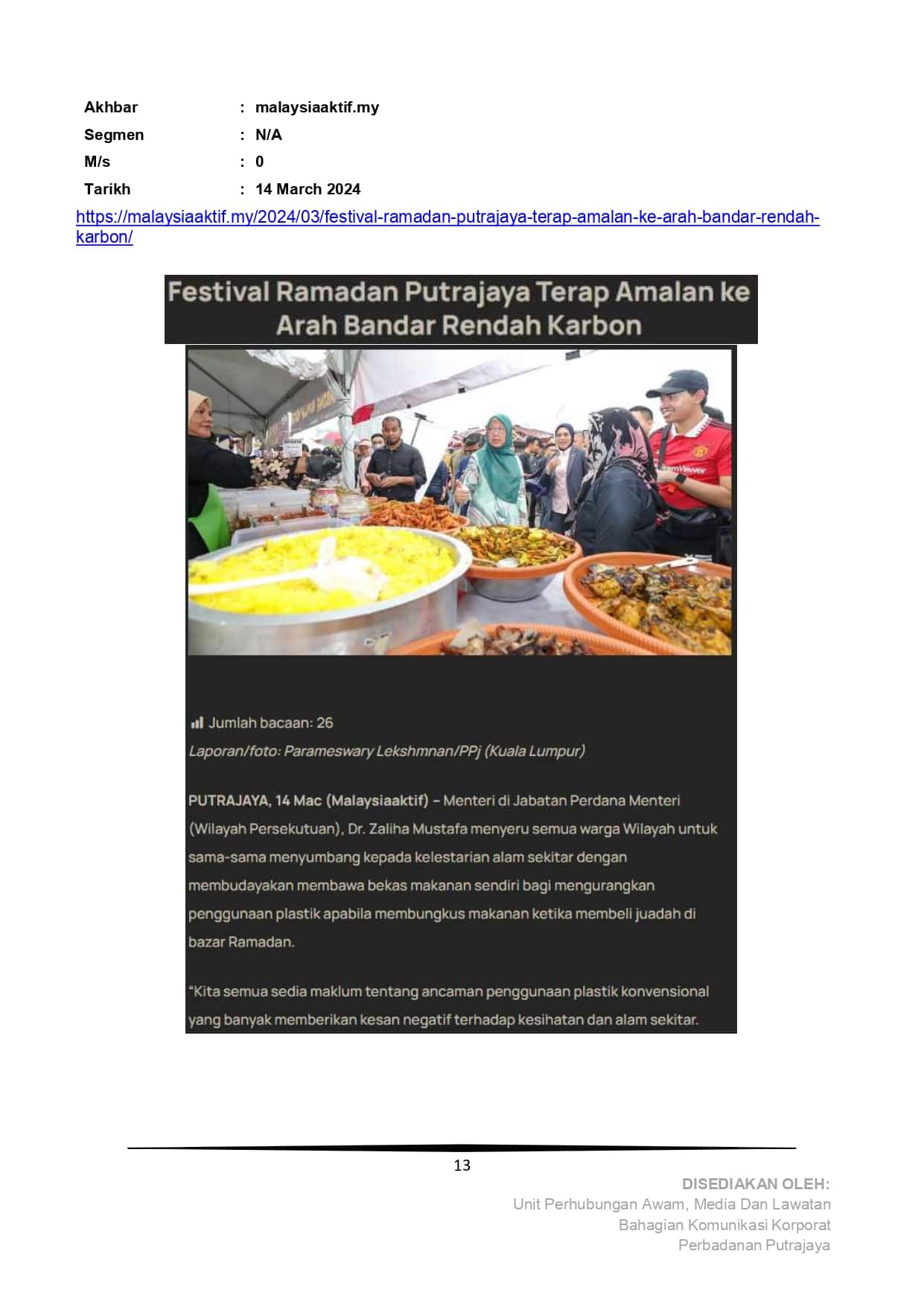 Festival Ramadan Putrajaya terap amalan ke arah bandar rendah karbon