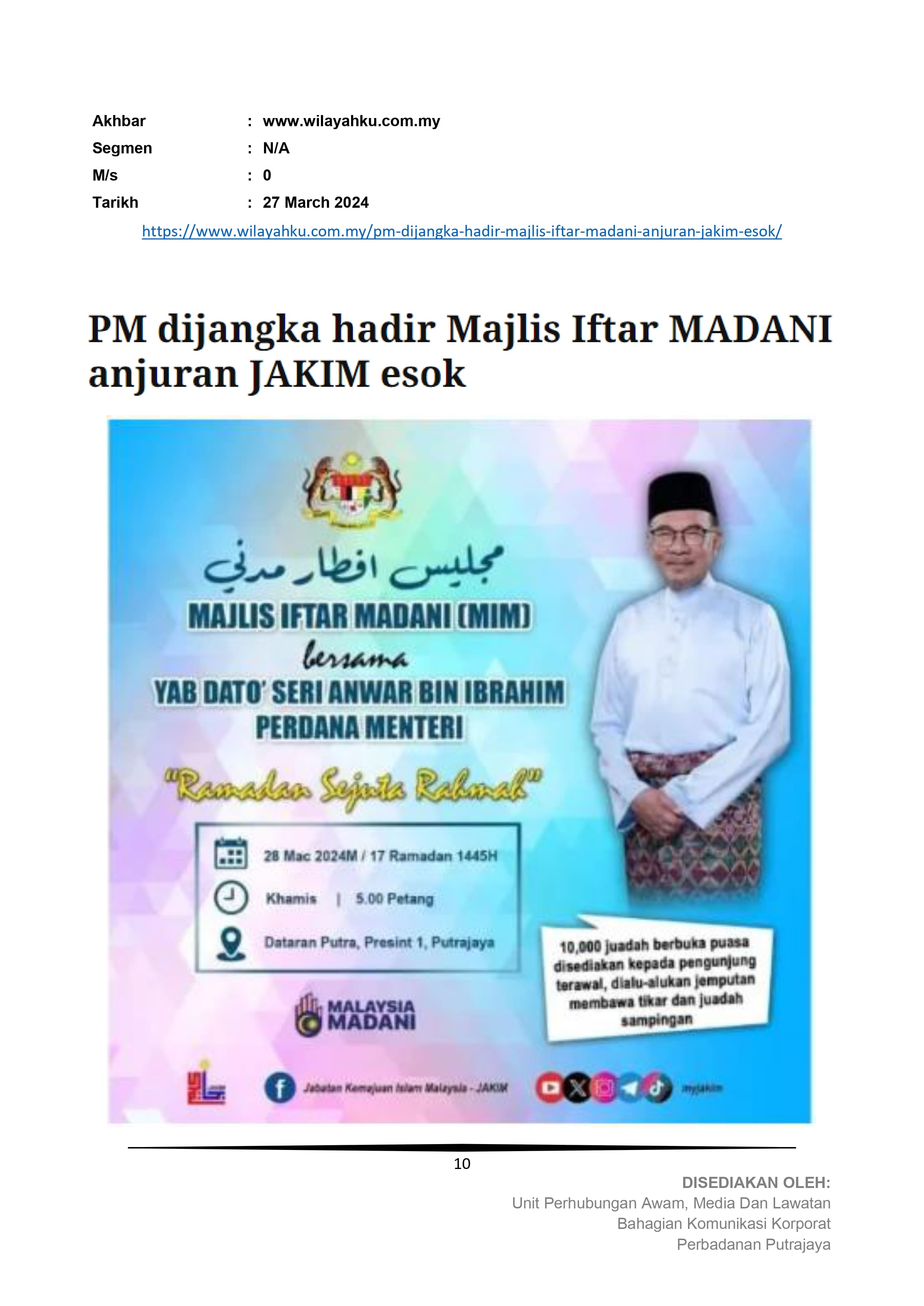 PM dijangka hadir Majlis Iftar MADANI anjuran JAKIM esok
