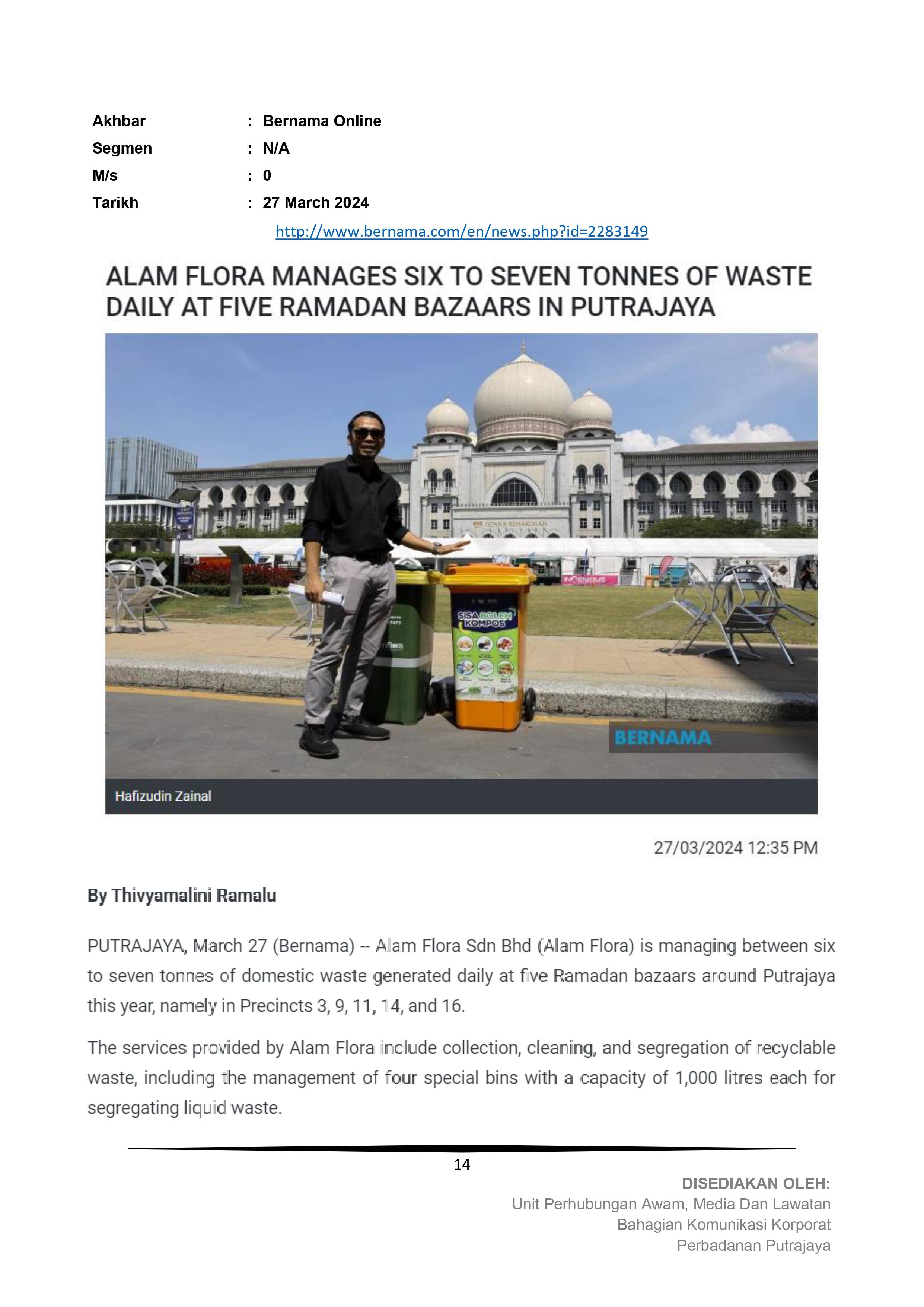 Alam Flora manages six to seven tonnes of waste daily at five Ramadan bazaars in Putrajaya
