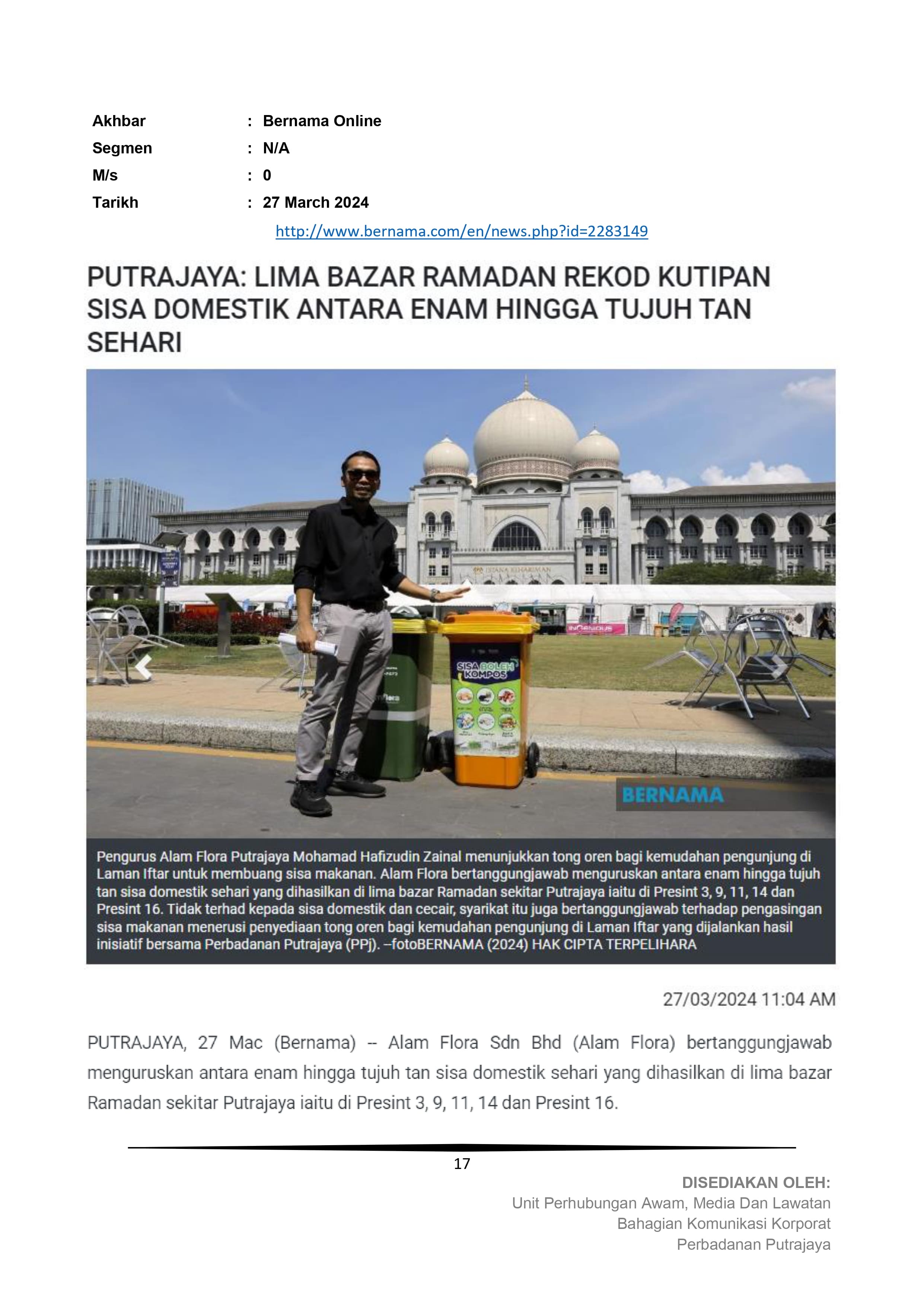 Putrajaya : Lima Bazar Ramadan rekod kutipan sisa domestik antara enam hingga tujuh tan sehari