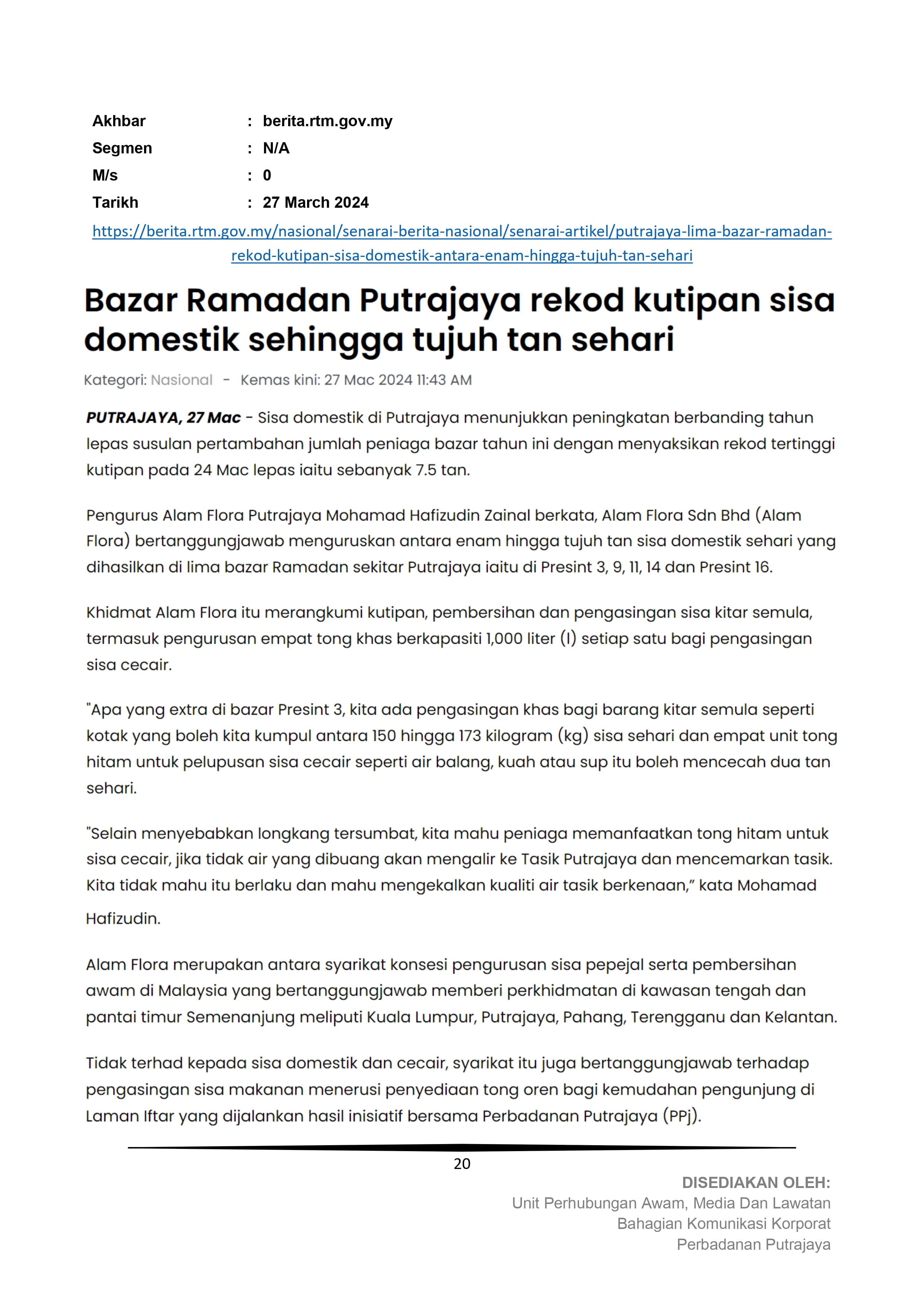 Bazar Ramadan Putrajaya rekod kutipan sisa domestik sehingga tujuh tan sehari