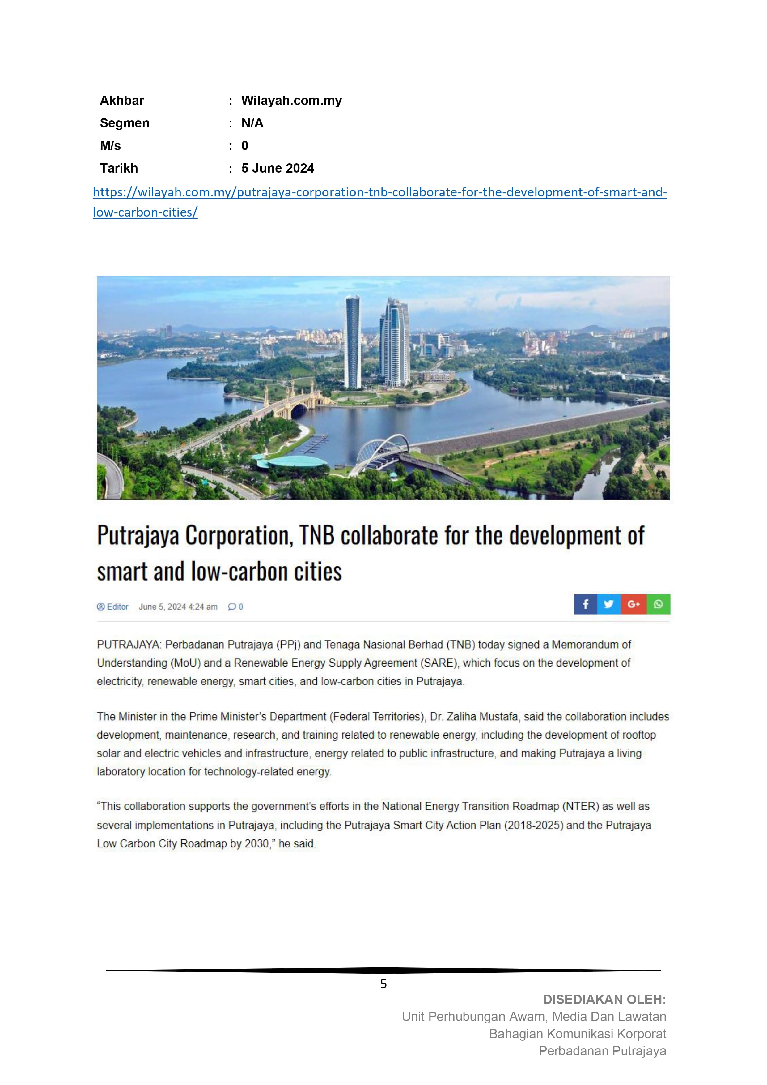 Putrajaya Corporation, TNB collaborate for the development of smart and low-carbon cities