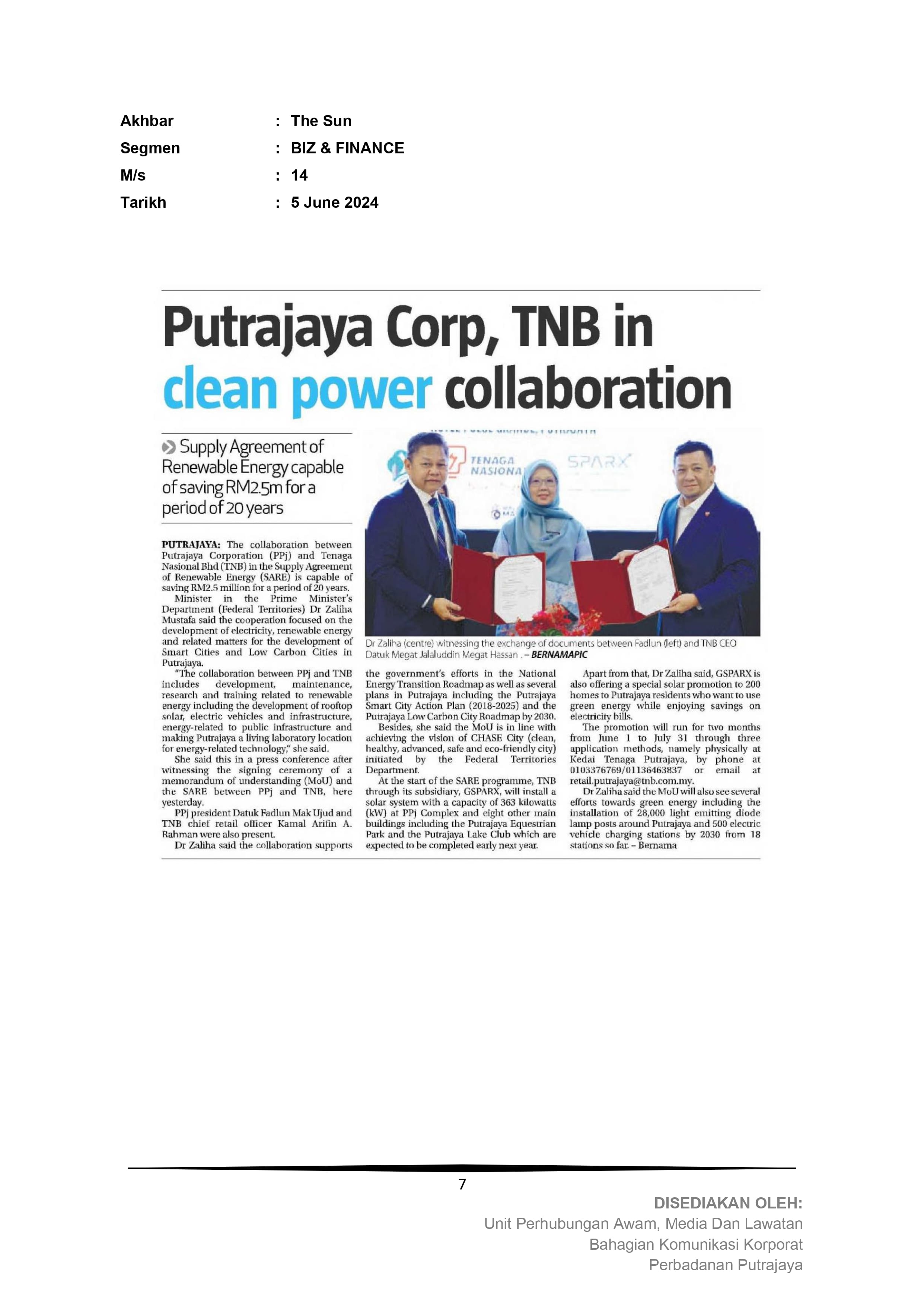 Putrajaya Corp, TNB in clean power collaboration