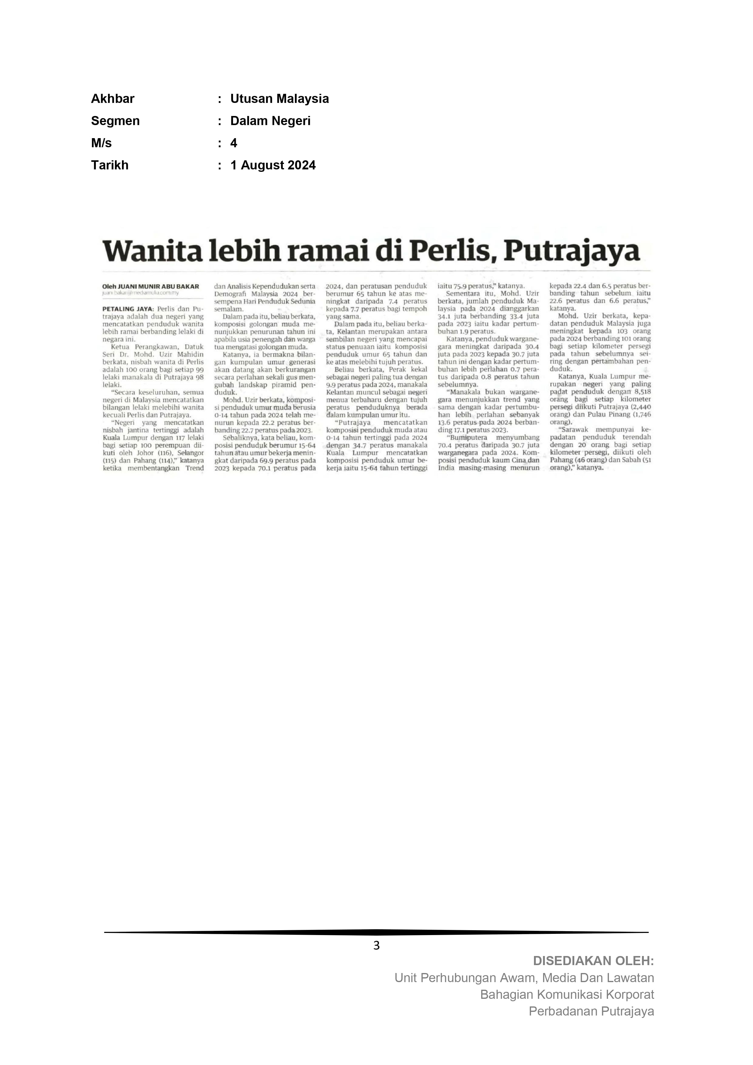 Wanita lebih ramai di Perlis, Putrajaya
