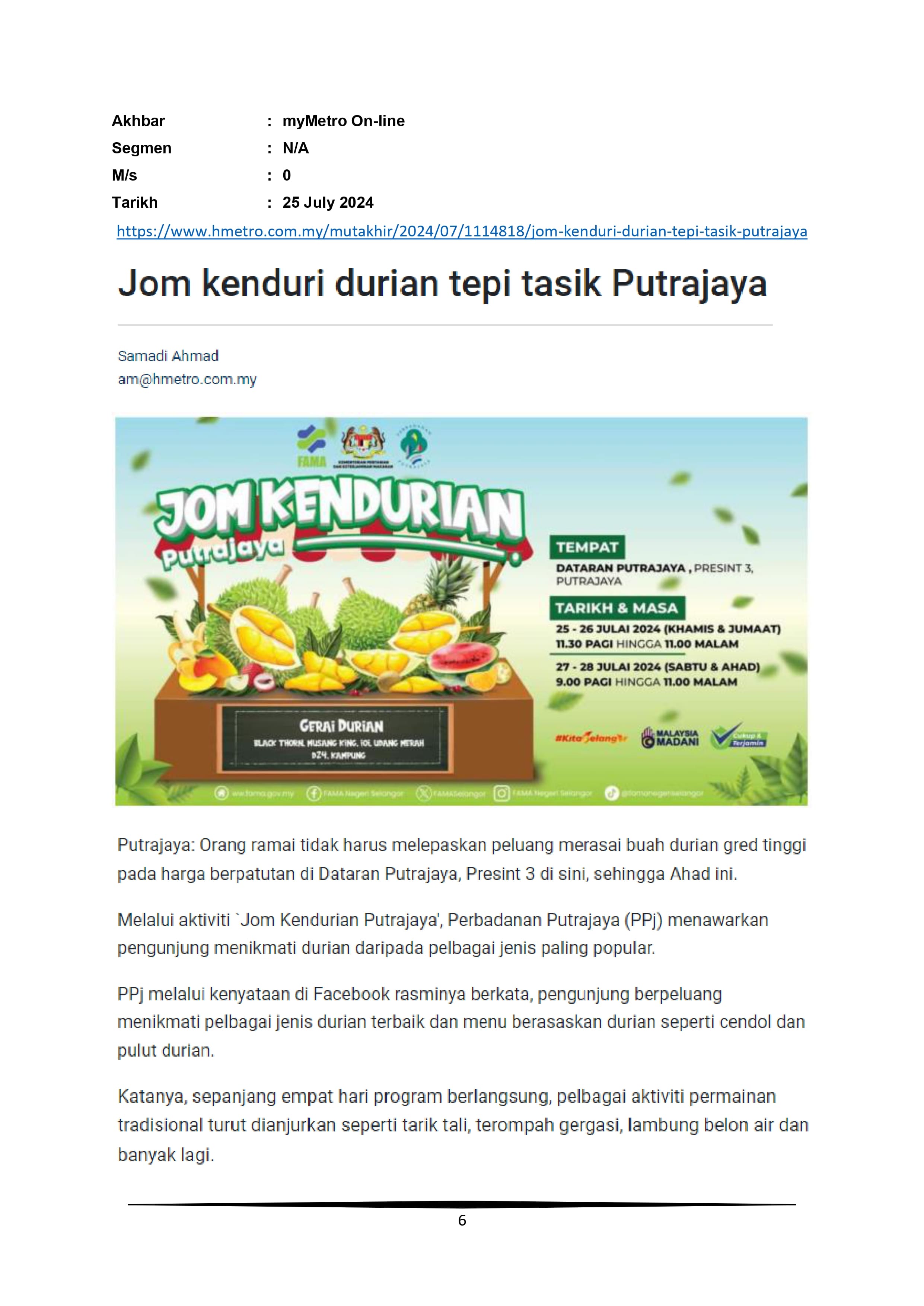 Jom Kendurian Durian Tepi Tasik Putrajaya