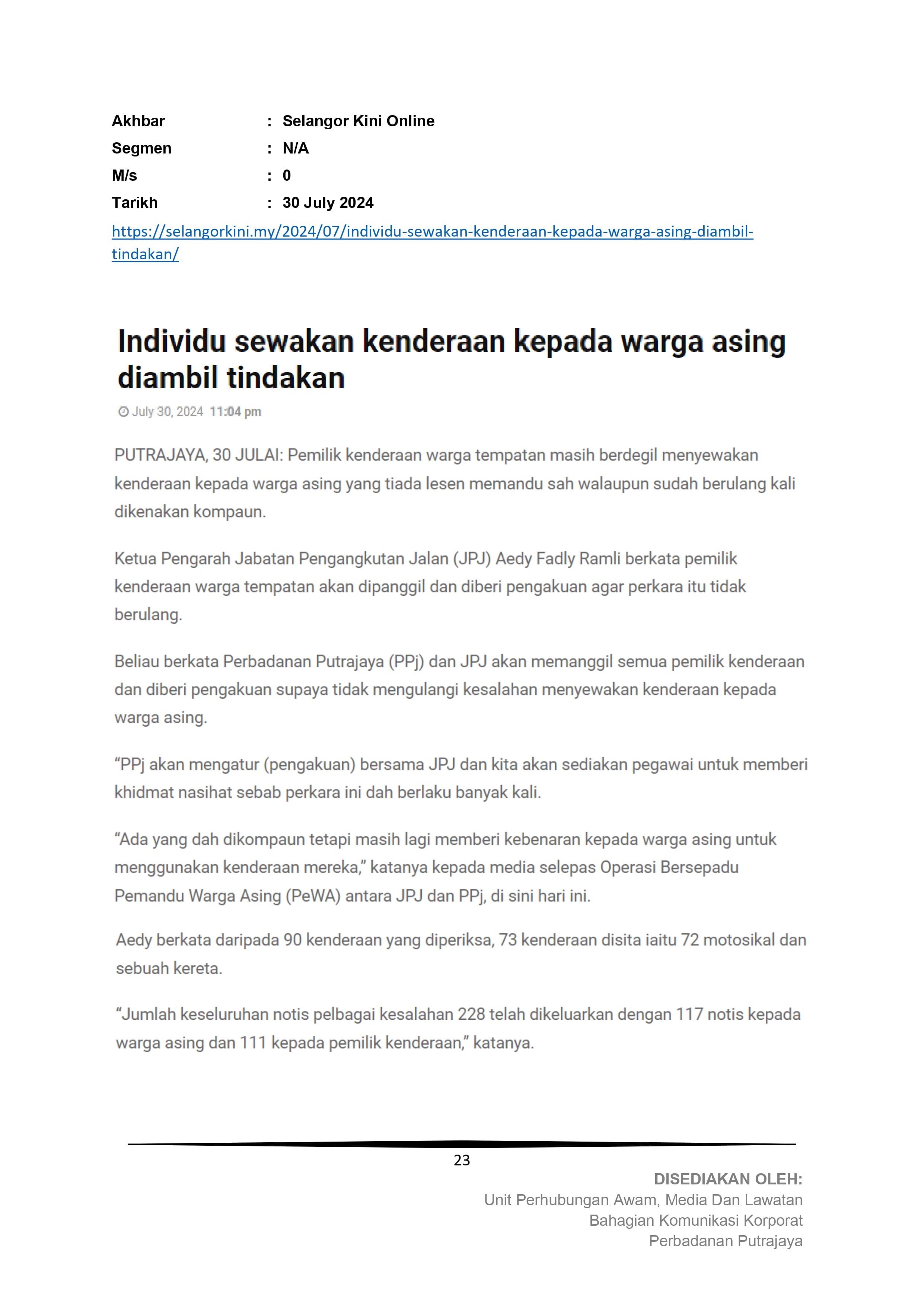 Individu sewakan kenderaan kepada warga asing diambil tindakan