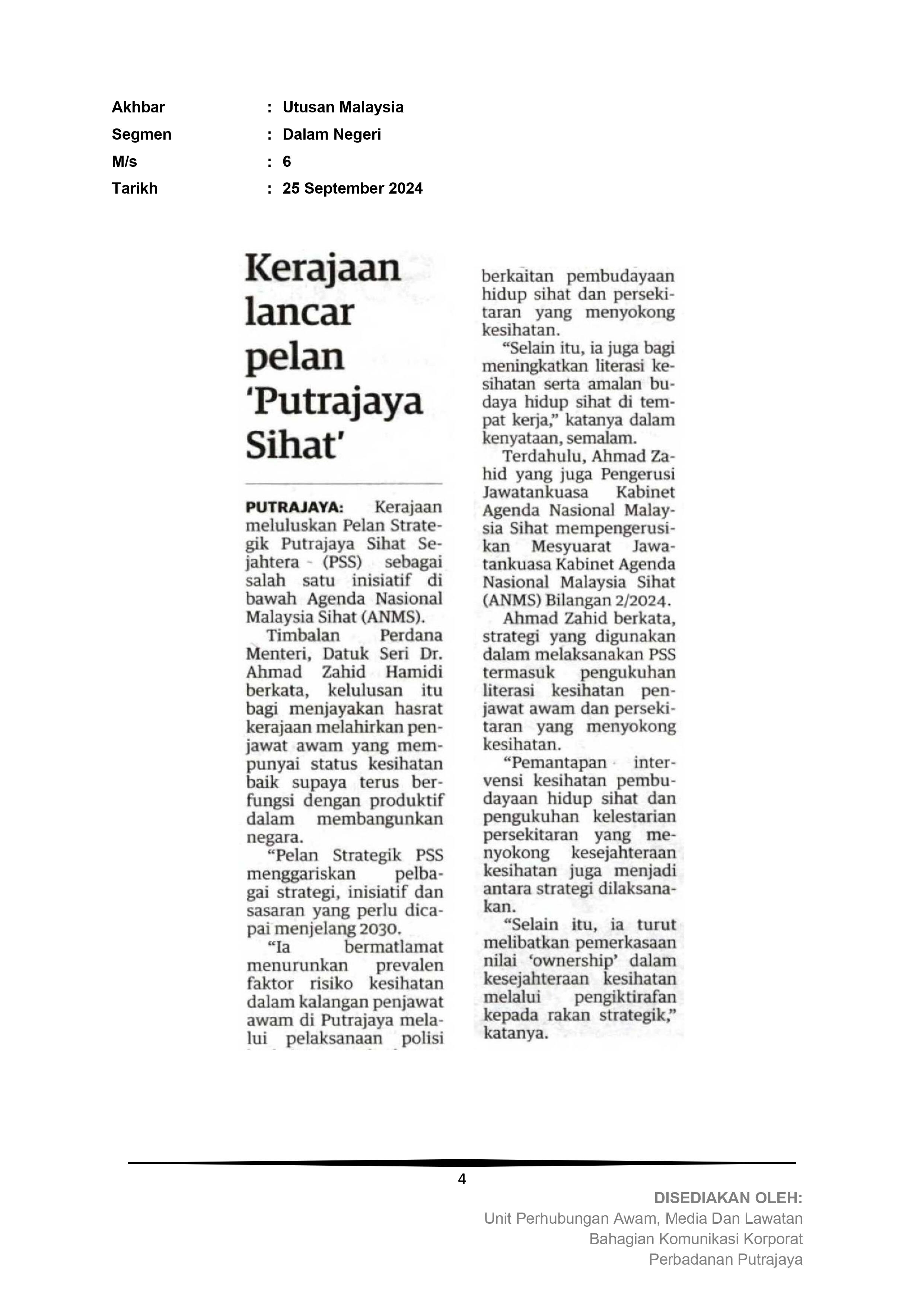 Kerajaan lancar pelan 'Putrajaya Sihat'