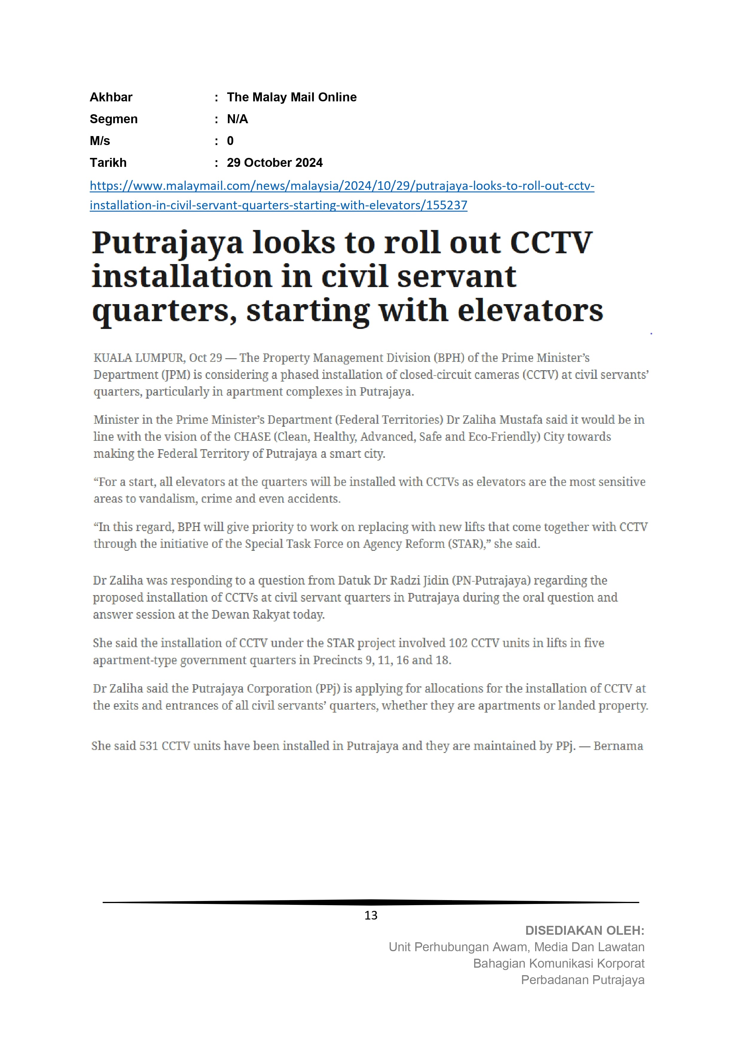 Putrajaya looks to roll out CCTV installation in civil servant quarters, starting with levators