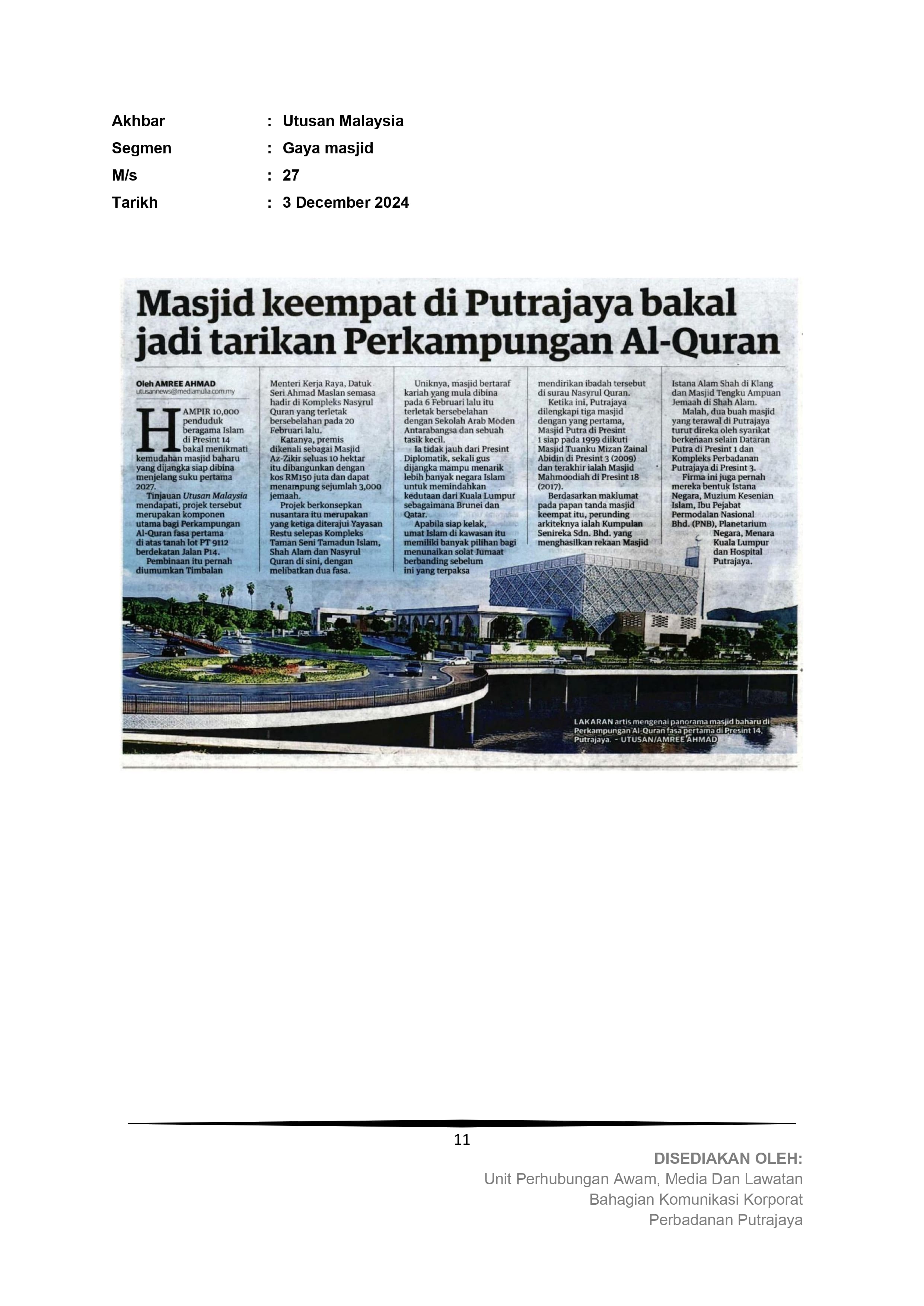 Masjid keempat di Putrajaya bakal jadikan tarikan Perkampungan Al-Quran
