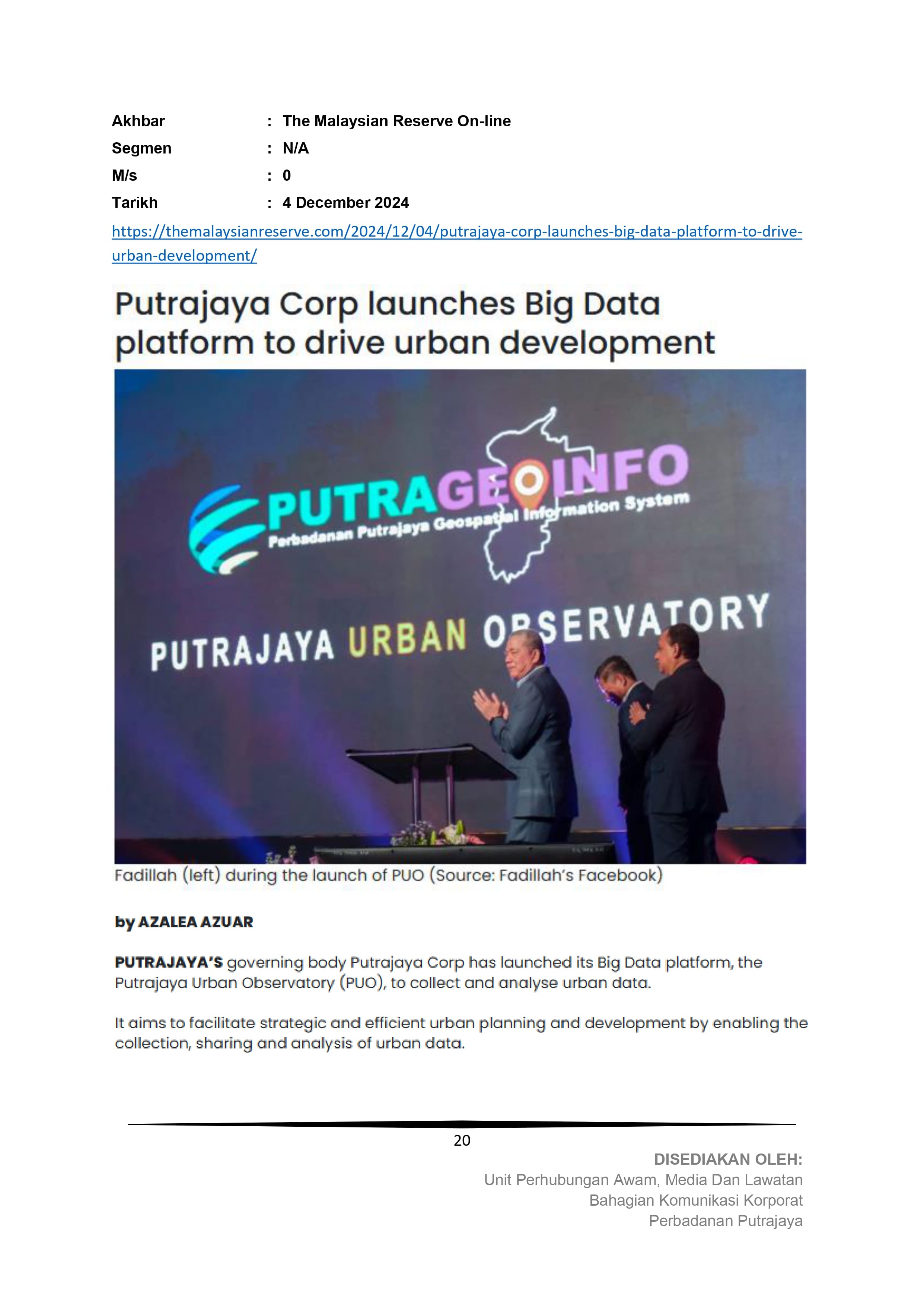 Putrajaya Corp launches Big Data platform to drive urban development