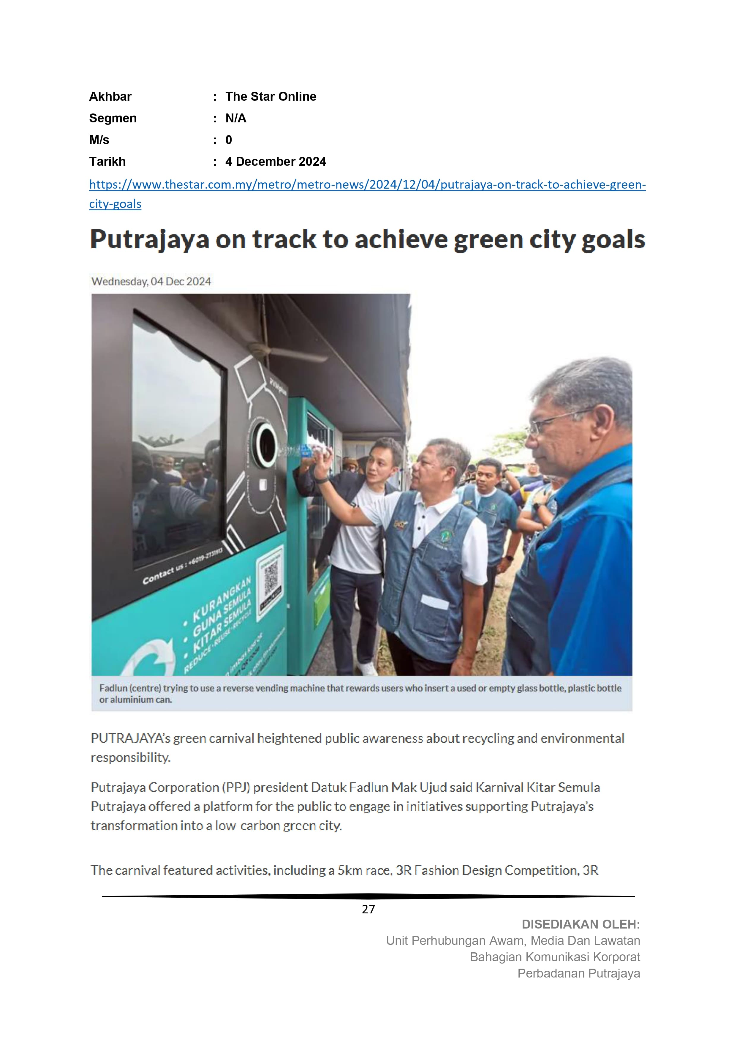 Putrajaya on track to achieve green city goals