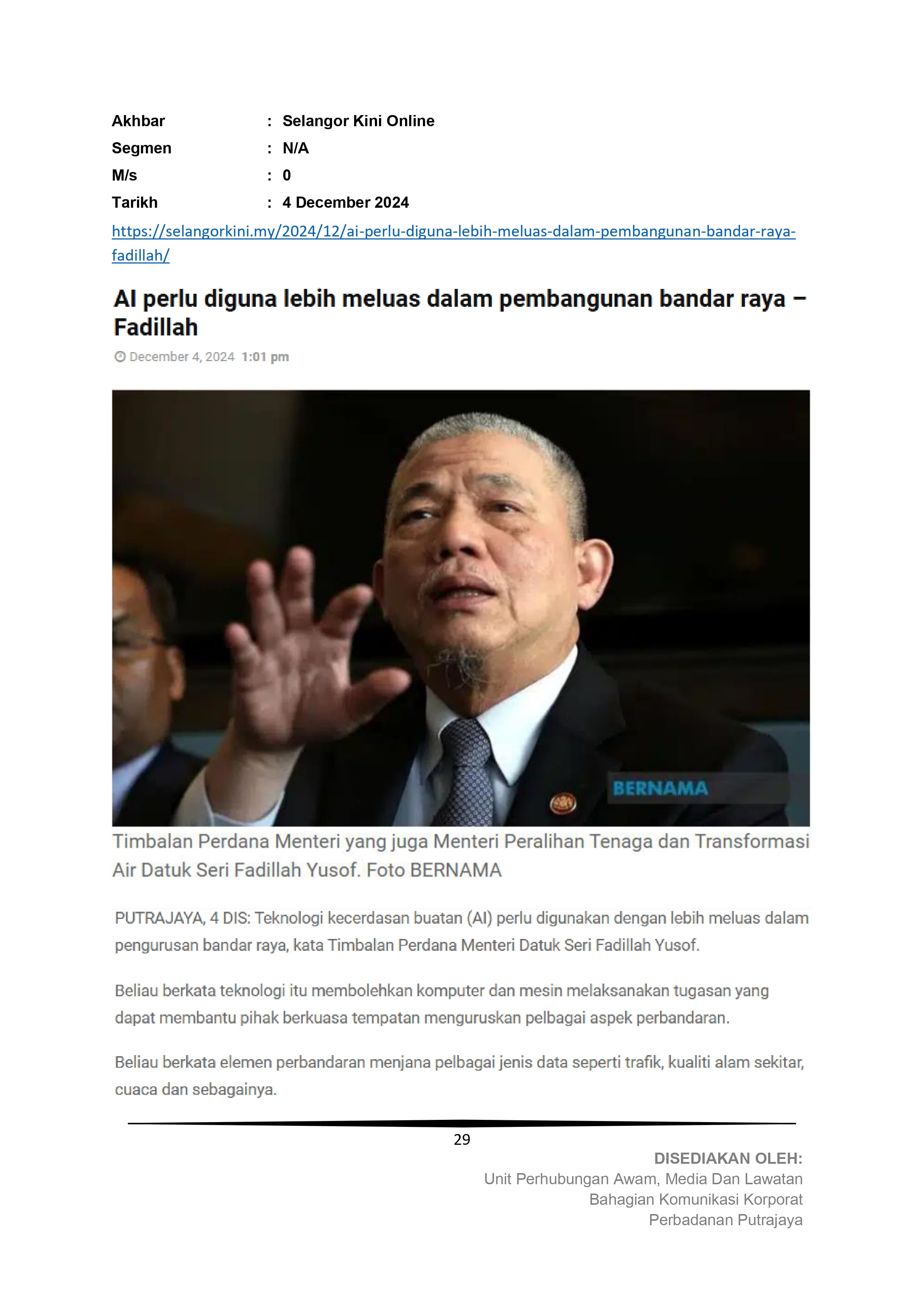 AI perlu diguna lebih meluas dalam pembangunan bandar raya - Fadillah