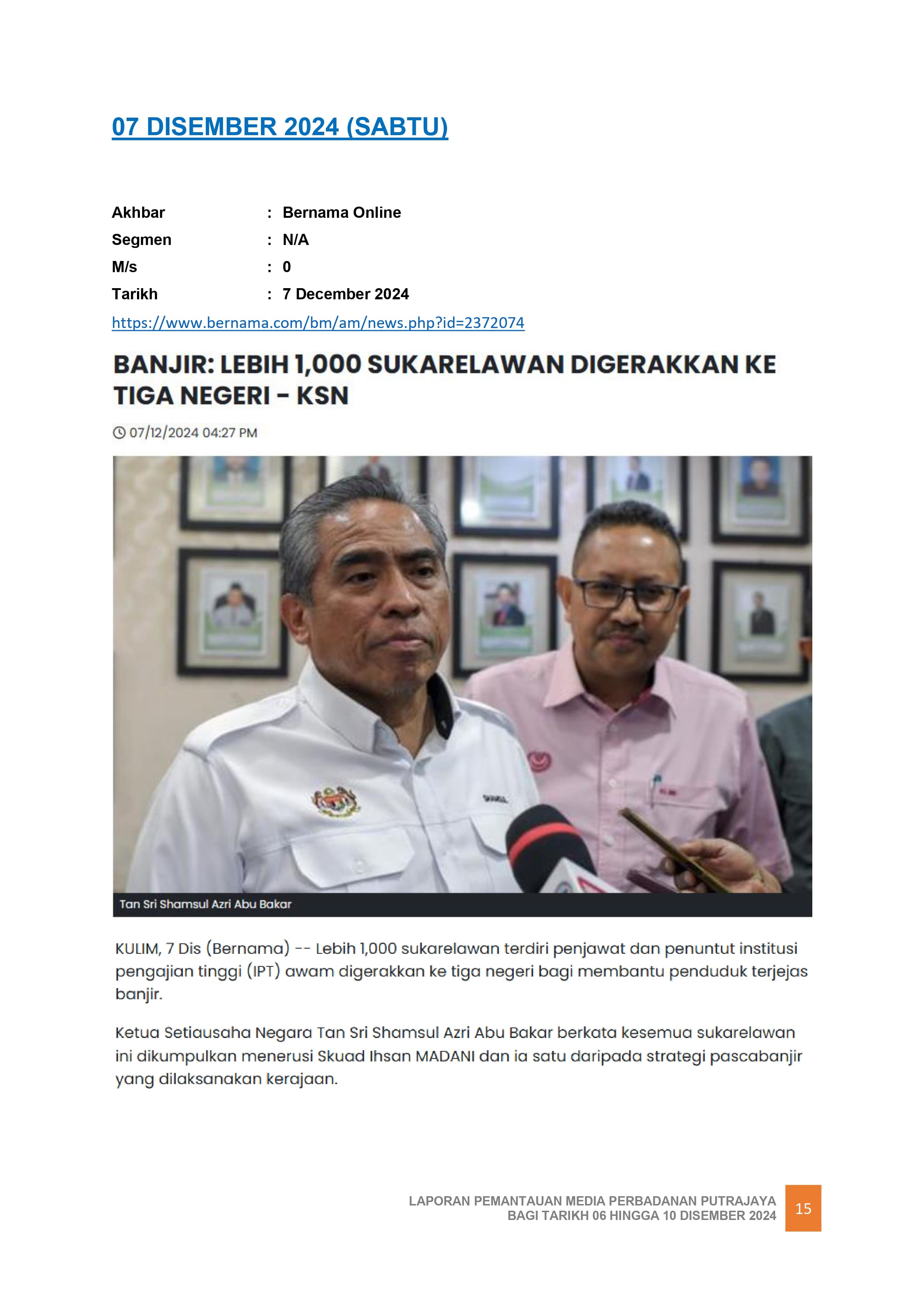 banjir : Lebih 1,000 sukarelawan digerakkan ke tiga negeri - KSN