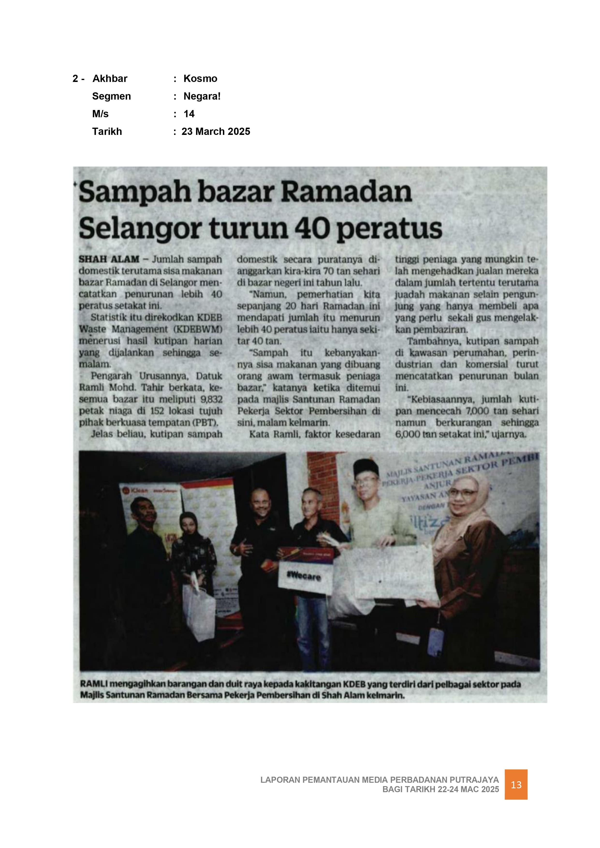 SAMPAH BAZAR RAMADAN SELANGOR TURUN 40 PERATUS