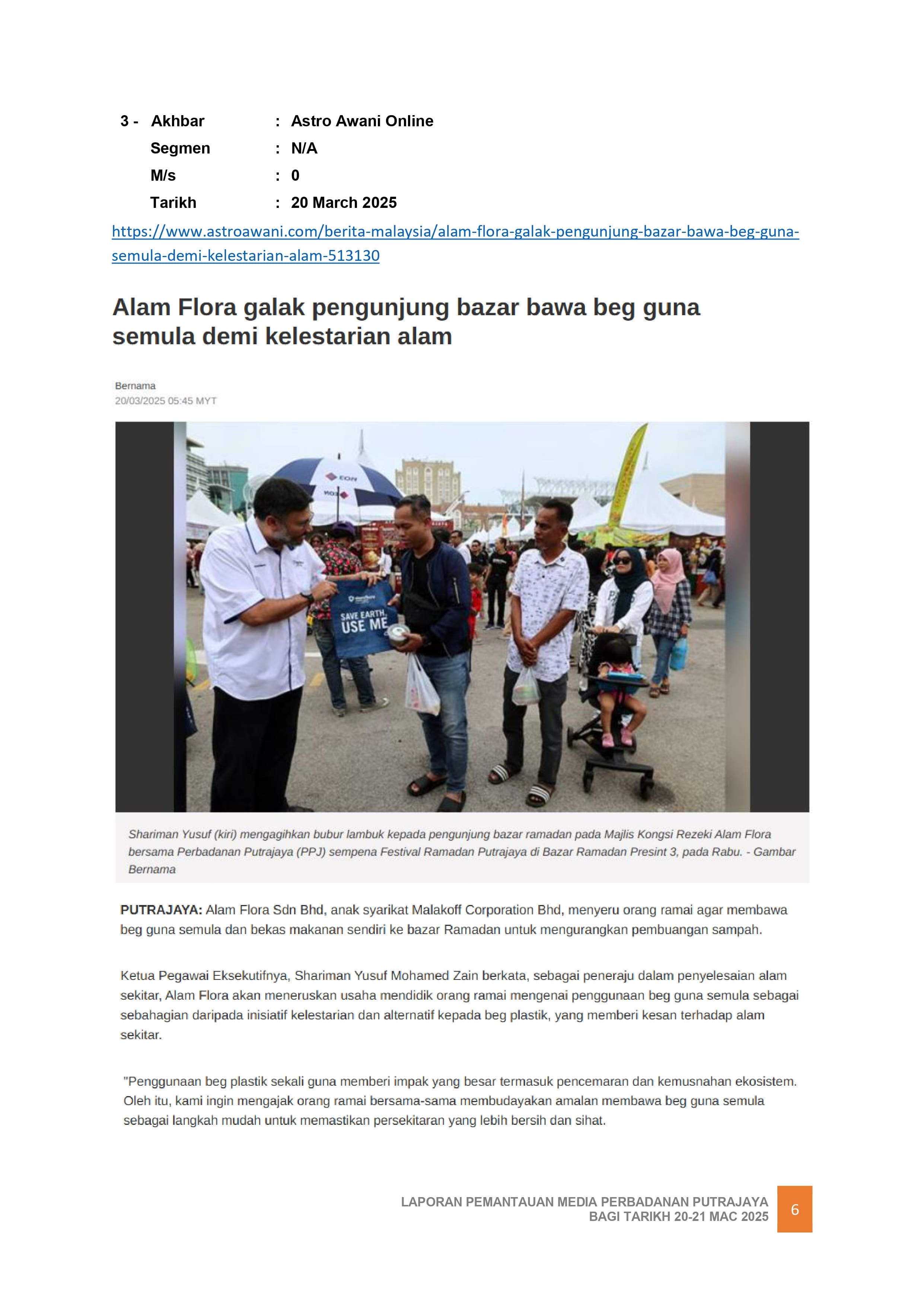 ALAM FLORA GALAK PENGUNJUNG BAZAR BAWA BEG GUNA SEMULA DEMI KELESTARIAN ALAM