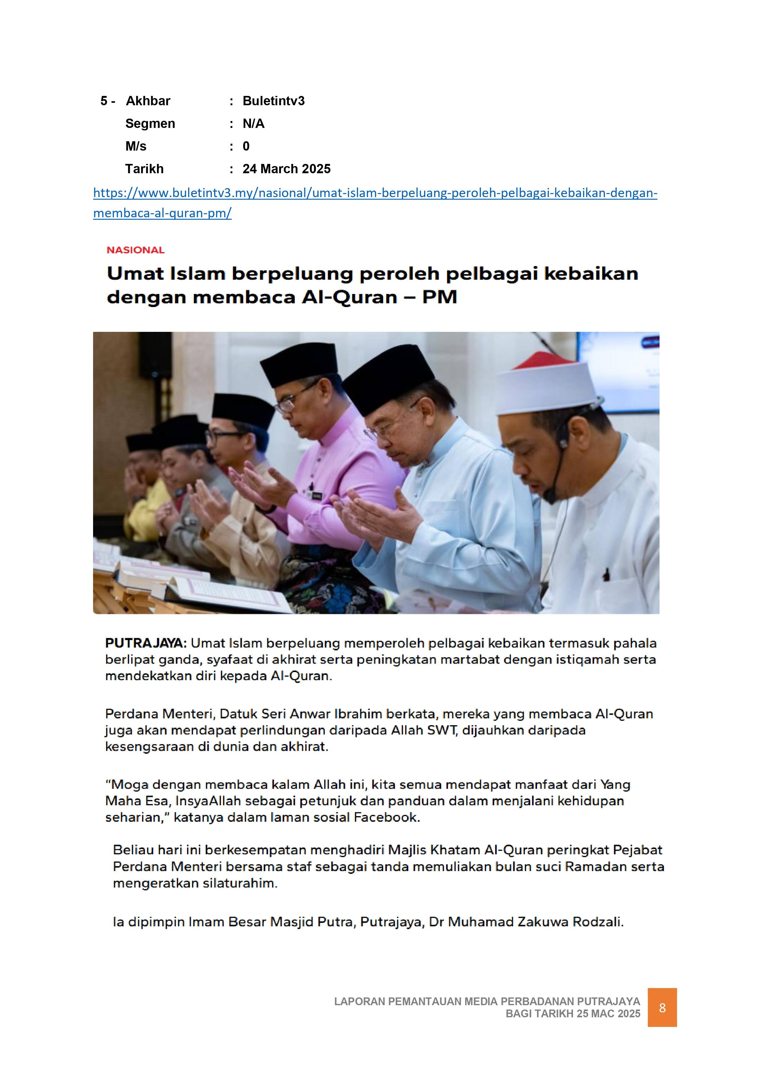 UMAT ISLAM BERPELUANG PEROLEH PELBAGAI KEBAIKAN DENGAN MEMBACA AL-QURAN - PM