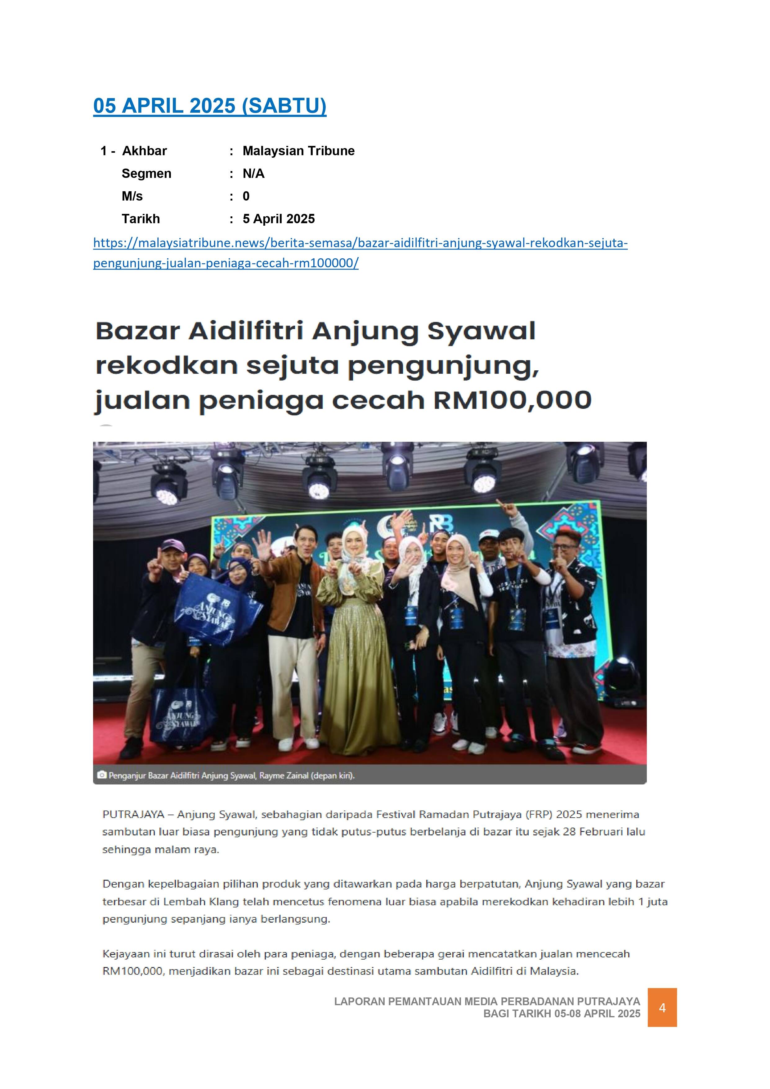 Bazar Aidilfitri Anjung Syawal Rekodkan Sejuta Pengunjung, Jualan Peniaga Cecah RM100,000