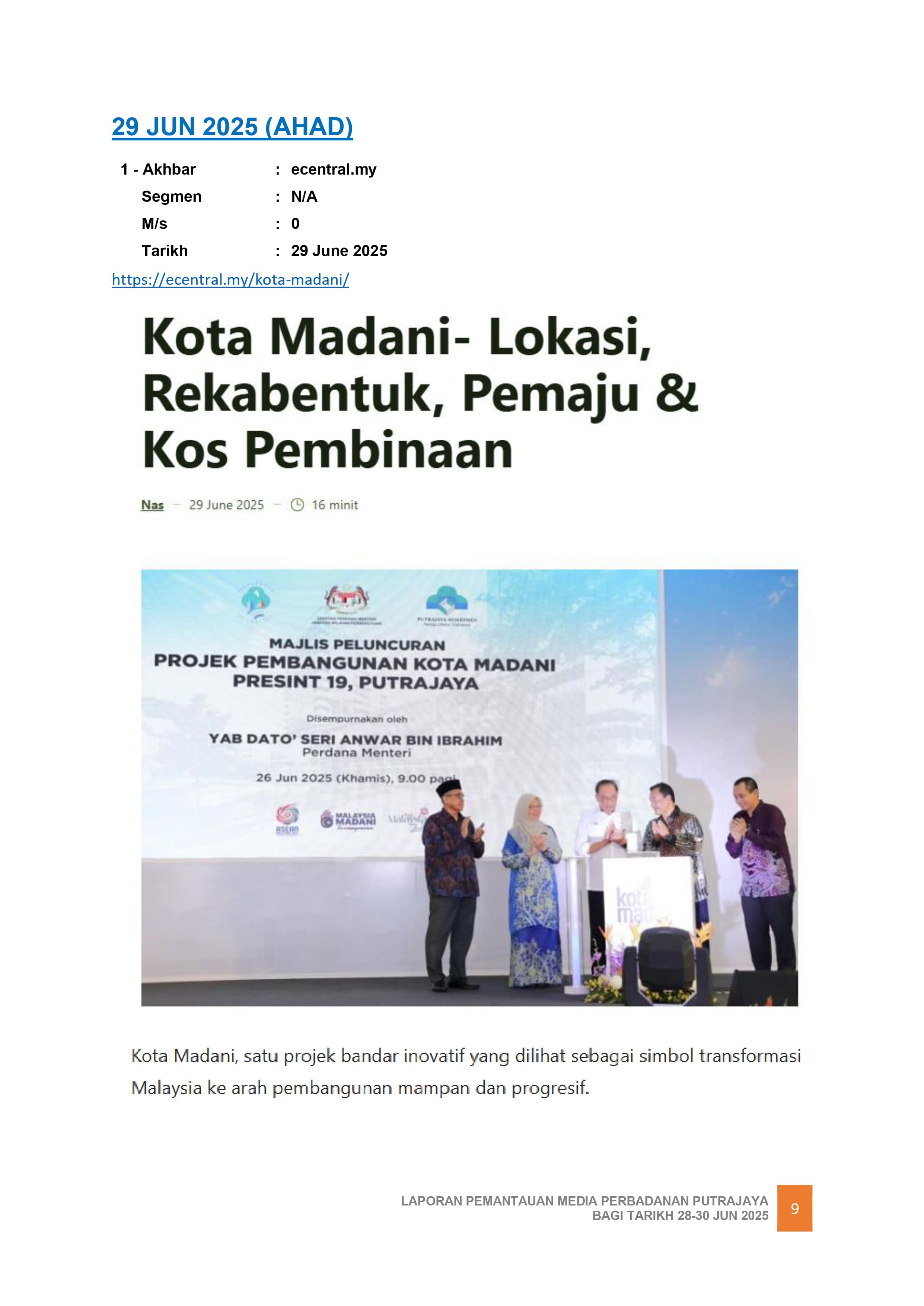 KOTA MADANI - LOKASI REKABENTUK, PEMAJU & KOS PEMBINAAN