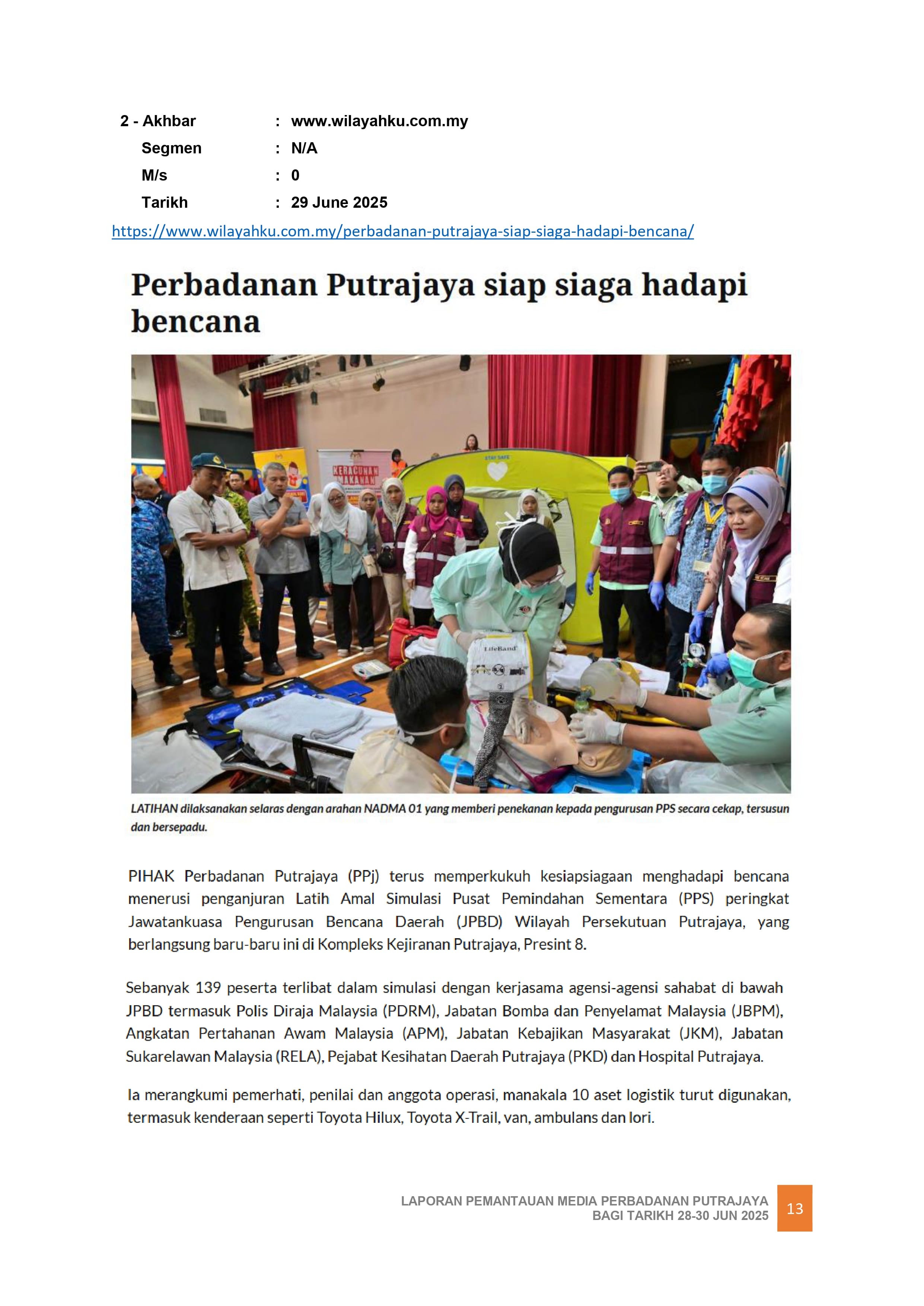 PERBADANAN PUTRAJAYA SIAP SIAGA HADAPI BENCANA