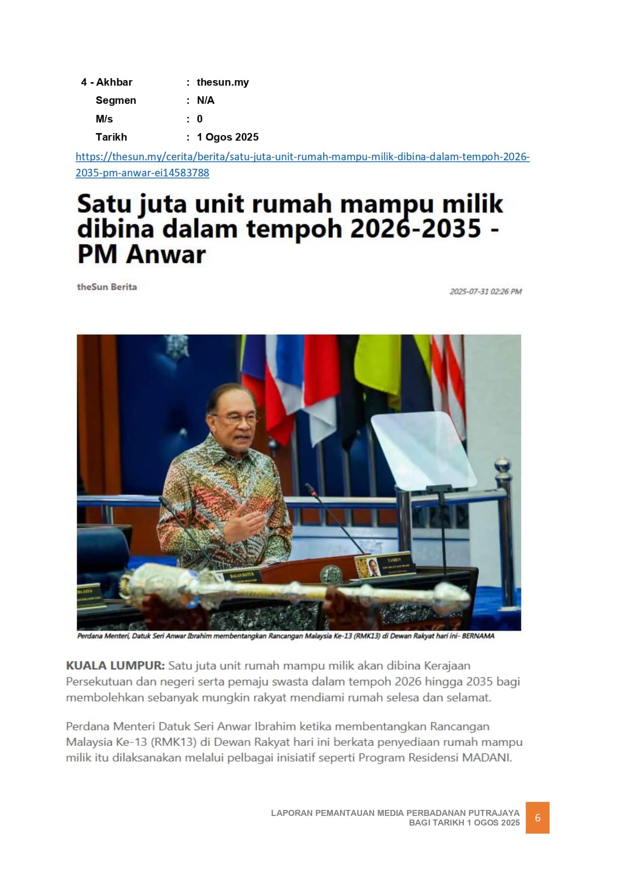 Satu juta unit rumah mampu milik dibina dalam tempoh 2026-2035 - PM Anwar