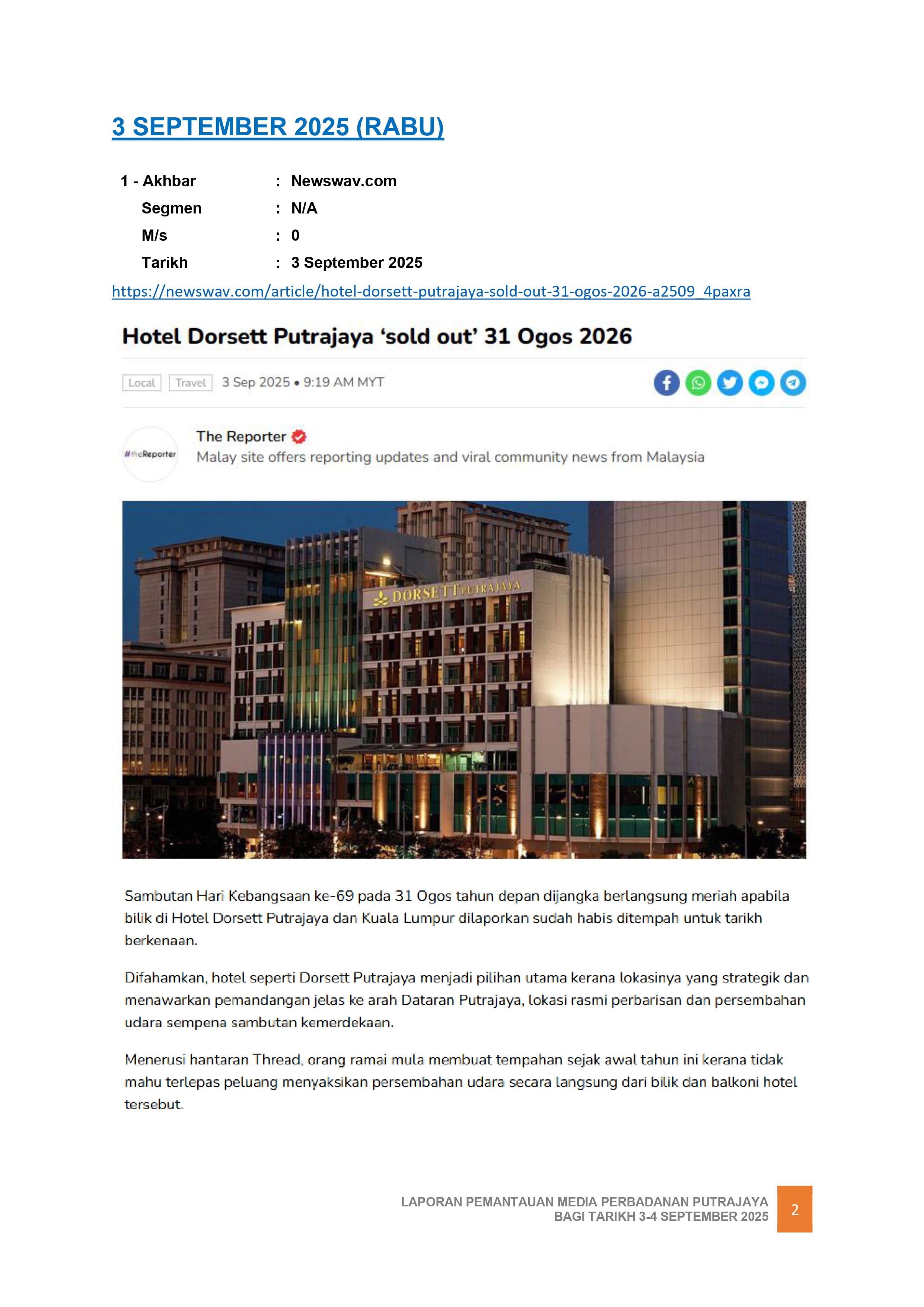 HOTEL DORSETT PUTRAJAYA 'SOLD OUT' 31ST  AUGUST 2026