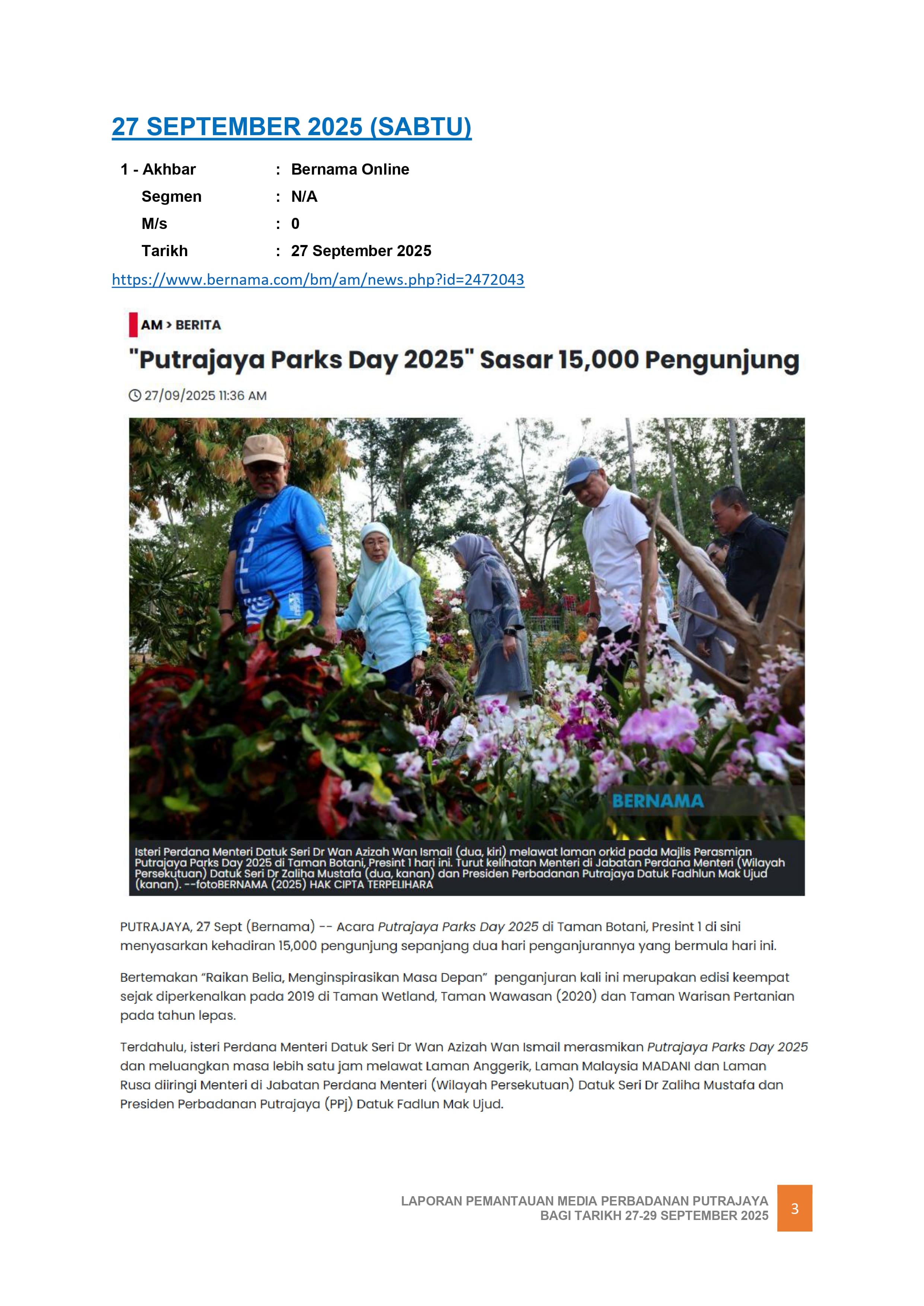 "PUTRAJAYA PARKS DAY 2025" SASAR 15,000 PENGUNJUNG