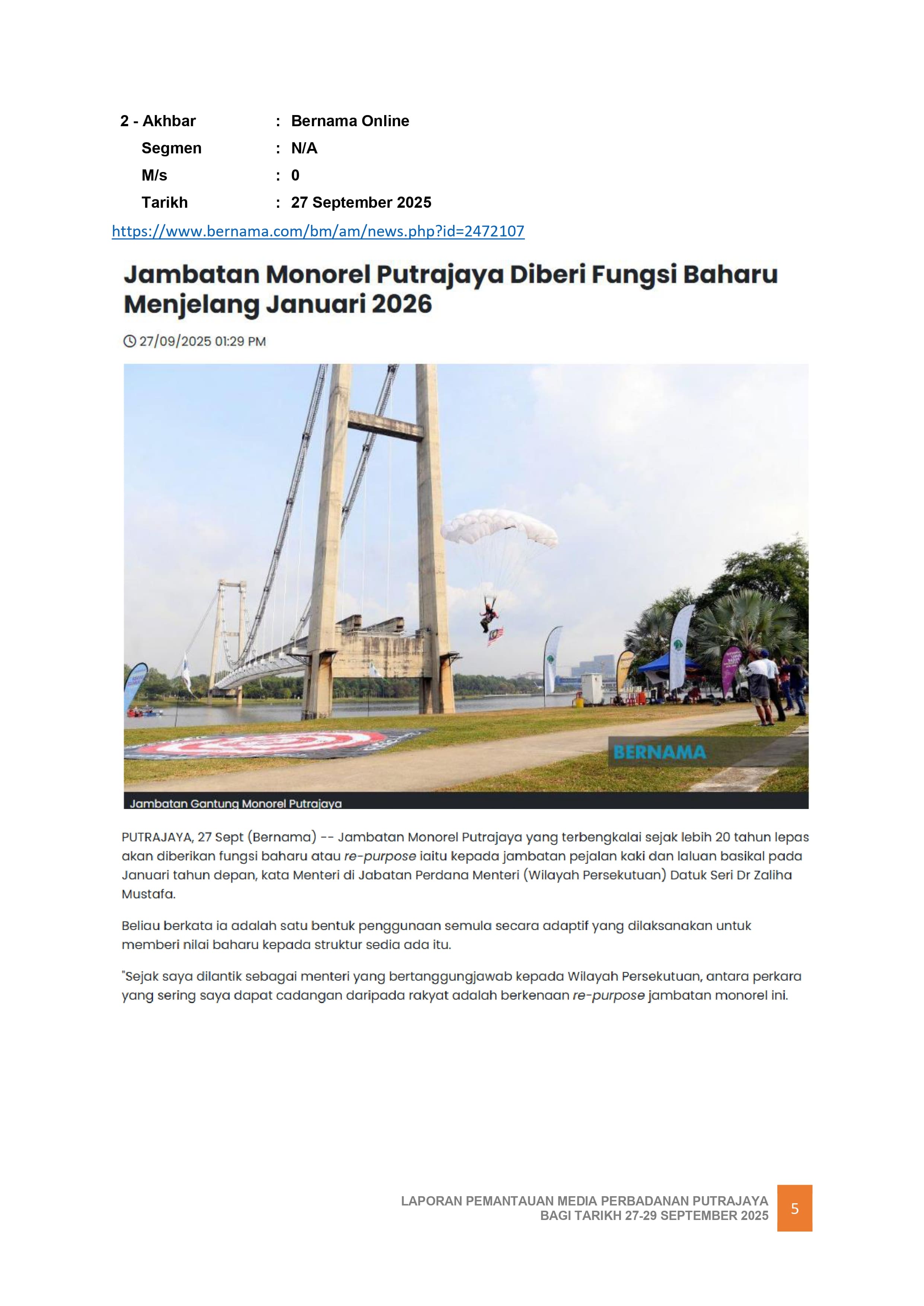 JAMBATAN MONOREL PUTRAJAYA DIBERI FUNGSI BAHARU MENJELANG JANUARI 2026
