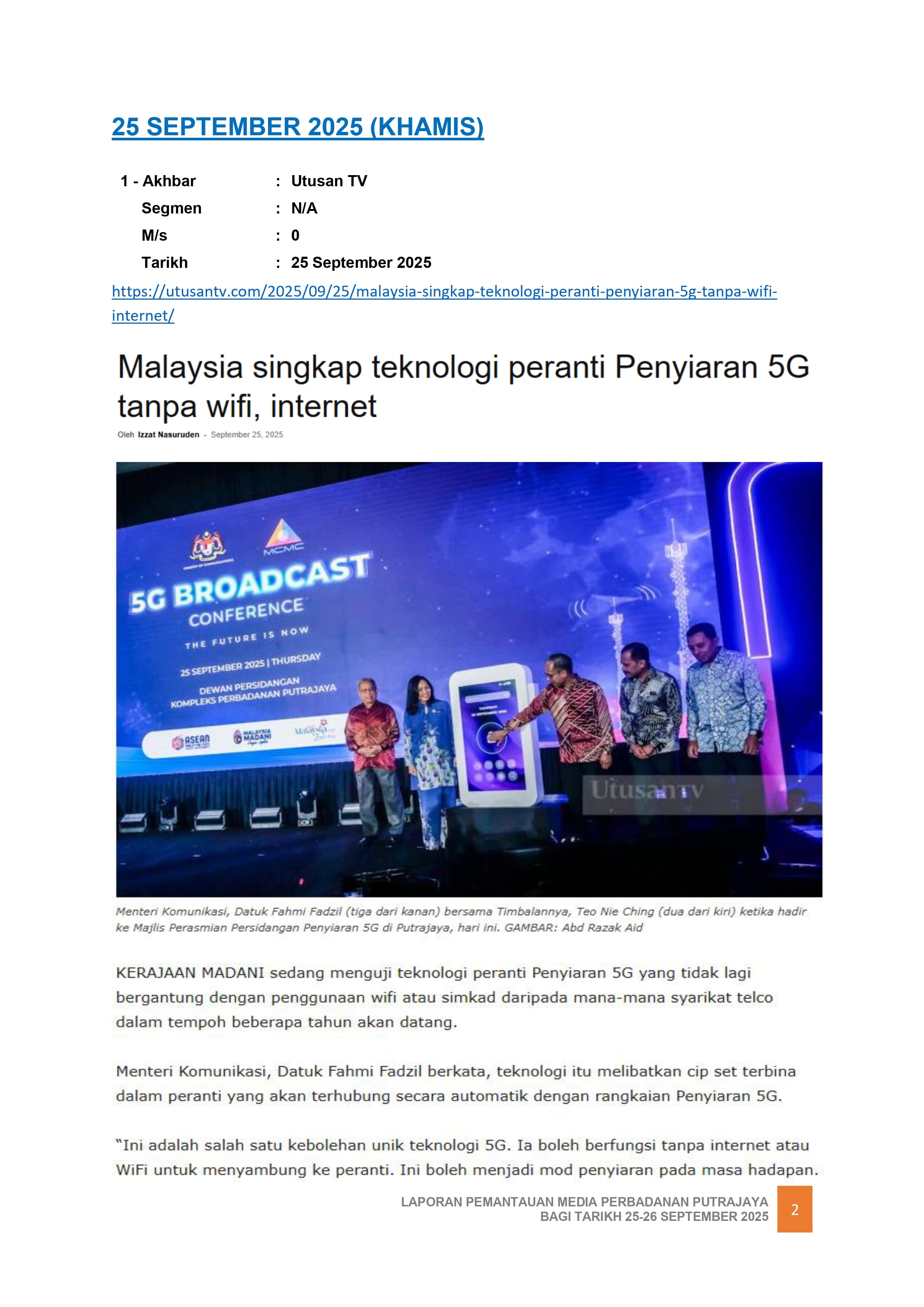 MALAYSIA SINGKAP TEKNOLOGI PERANTI PENYIARAN 5G TANPA WIFI, INTERNET