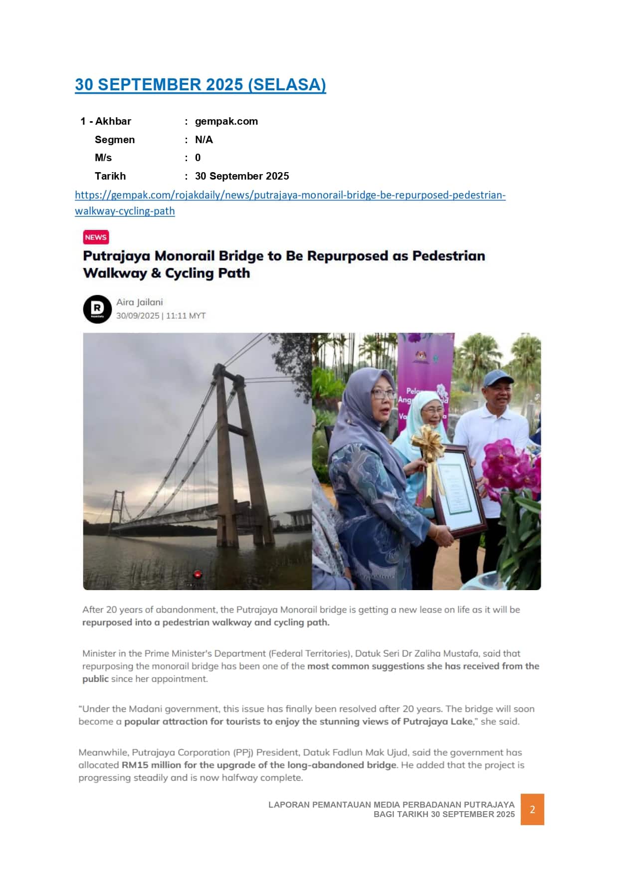 PUTRAJAYA MONORAIL BRDGE TO BE REPURPOSED AS PEDESTRIAN WALKWAY & CYCLING PATH