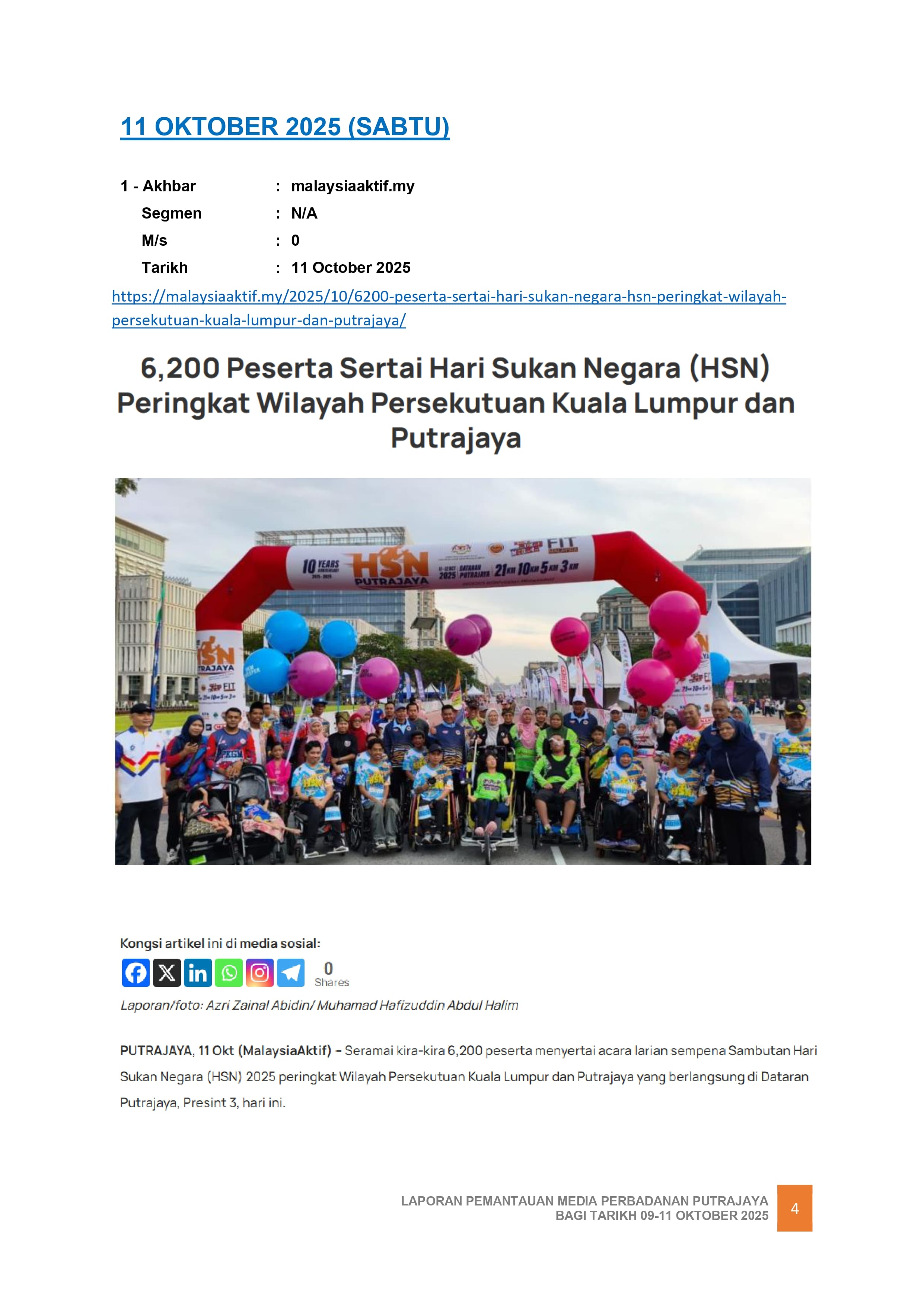 6,200 PESERTA SERTAI HARI SUKAN NEGARA (HSN) PERINGKAT WILAYAH PERSEKUTUAN KUALA LUMPUR DAN PUTRAJAYA