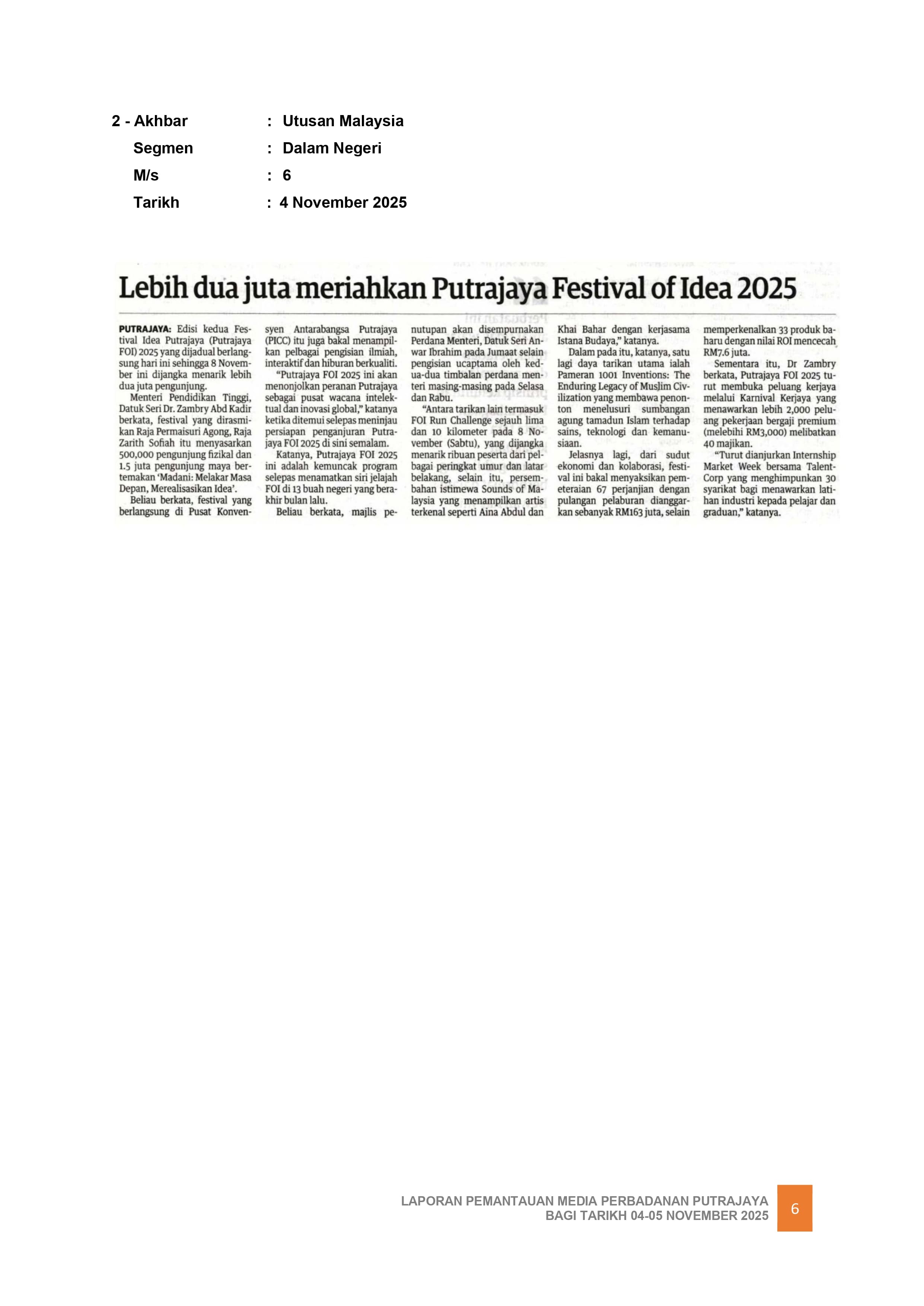 LEBIH DUA JUTA MERIAHKAN PUTRAJAYA FESTIVAL OF IDEA 2025