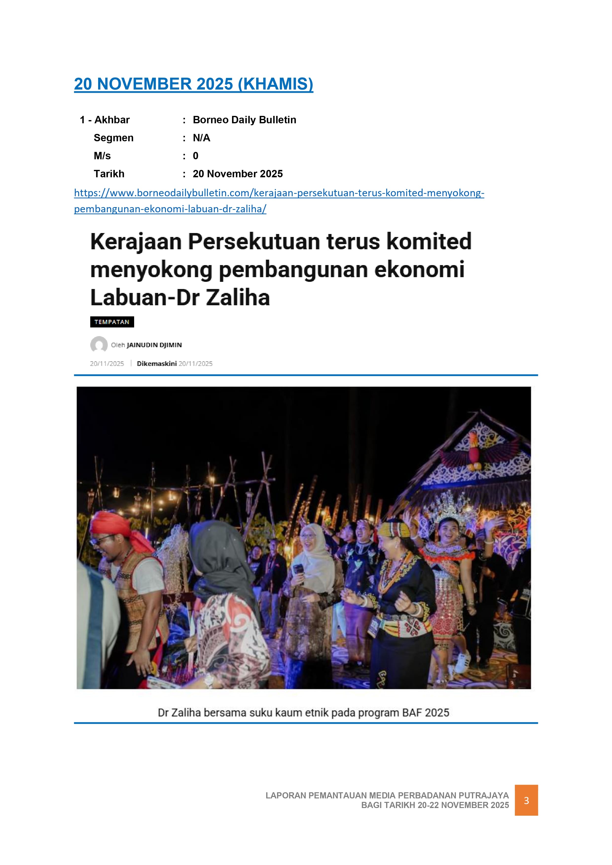 KERAJAAN PERSEKUTUAN TERUS KOMITED MENYOKONG PEMBANGUNAN EKONOMI LABUAN - DR ZALIHA